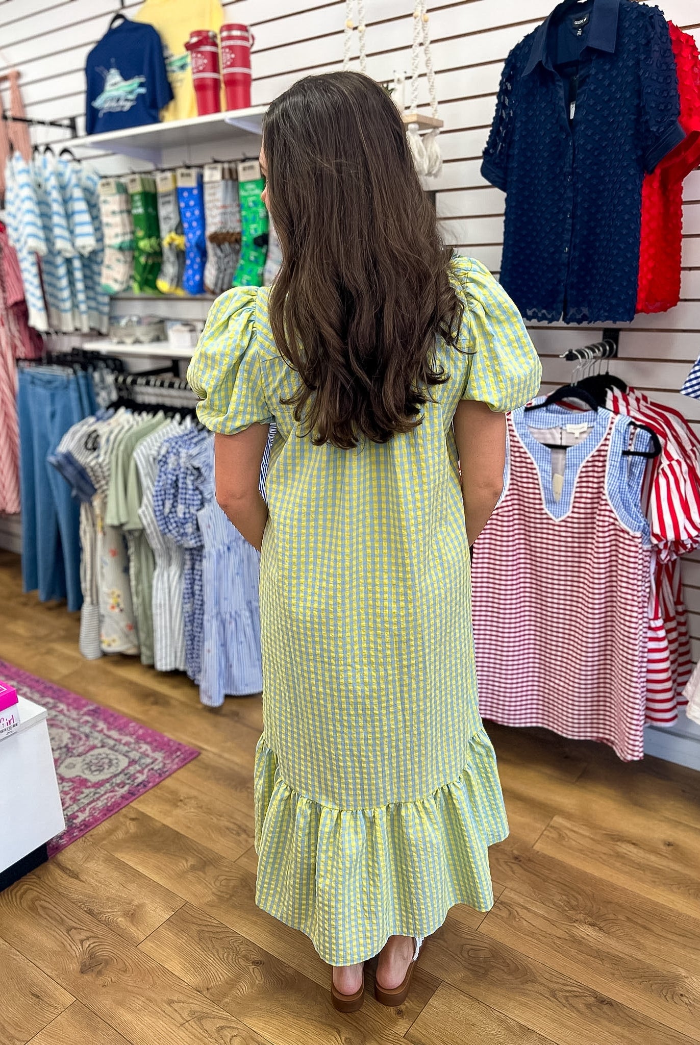 Blue Gingham V-neck Midi Dress with Short Puff Sleeves - A'Bekah's Boutique
