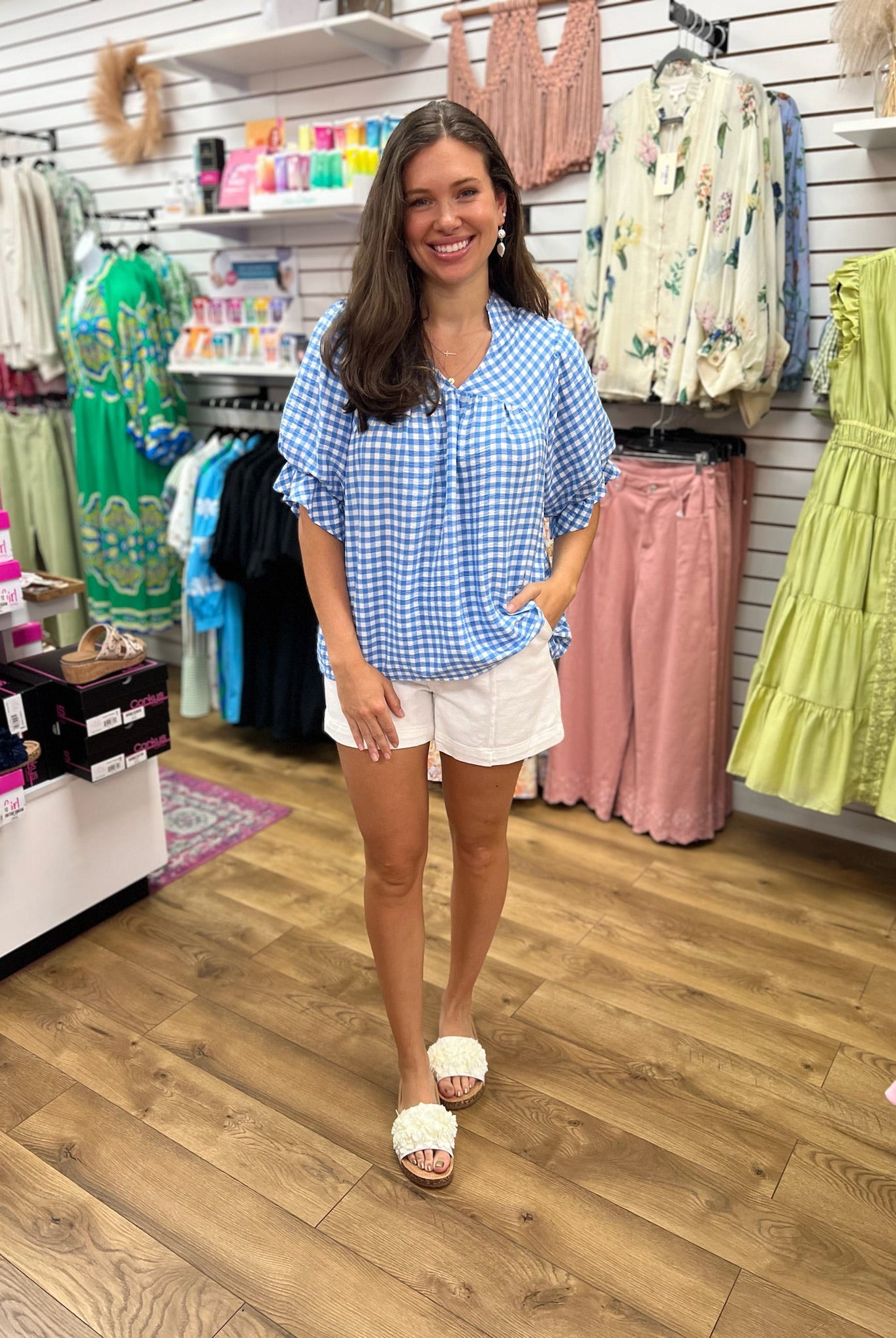 Blue Gingham V - Neck Top with Puff Sleeves - A'Bekah's Boutique