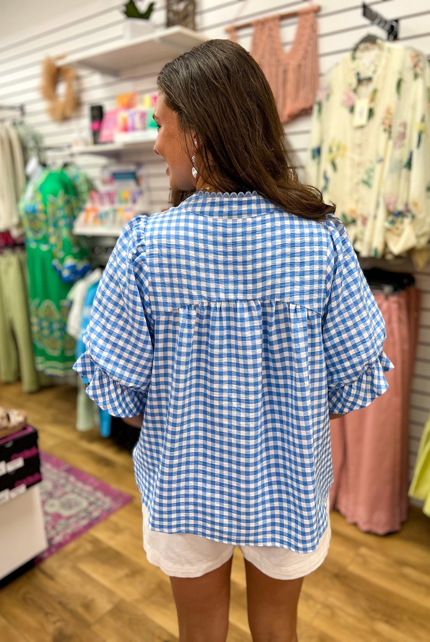Blue Gingham V - Neck Top with Puff Sleeves - A'Bekah's Boutique