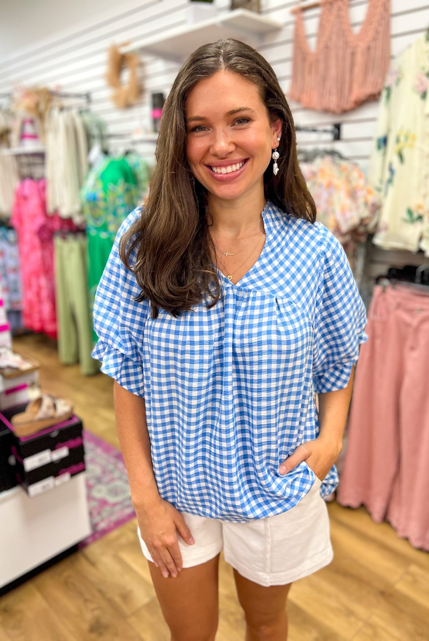 Blue Gingham V - Neck Top with Puff Sleeves - A'Bekah's Boutique