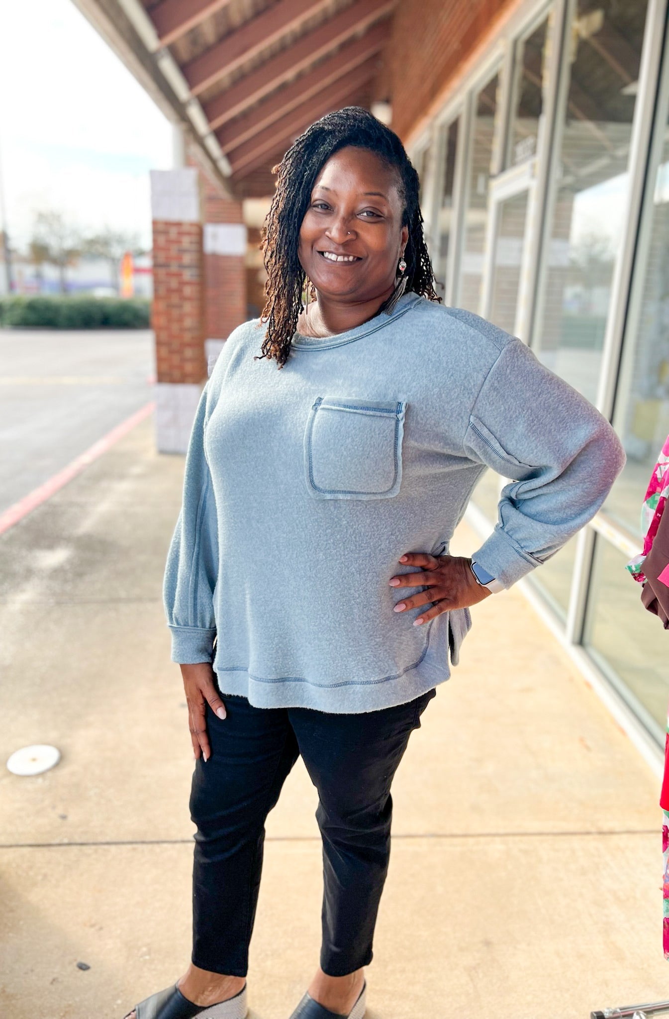 Blue Grey Brushed Hacci Hi - Low Hem Sweater (C) - A'Bekah's Boutique