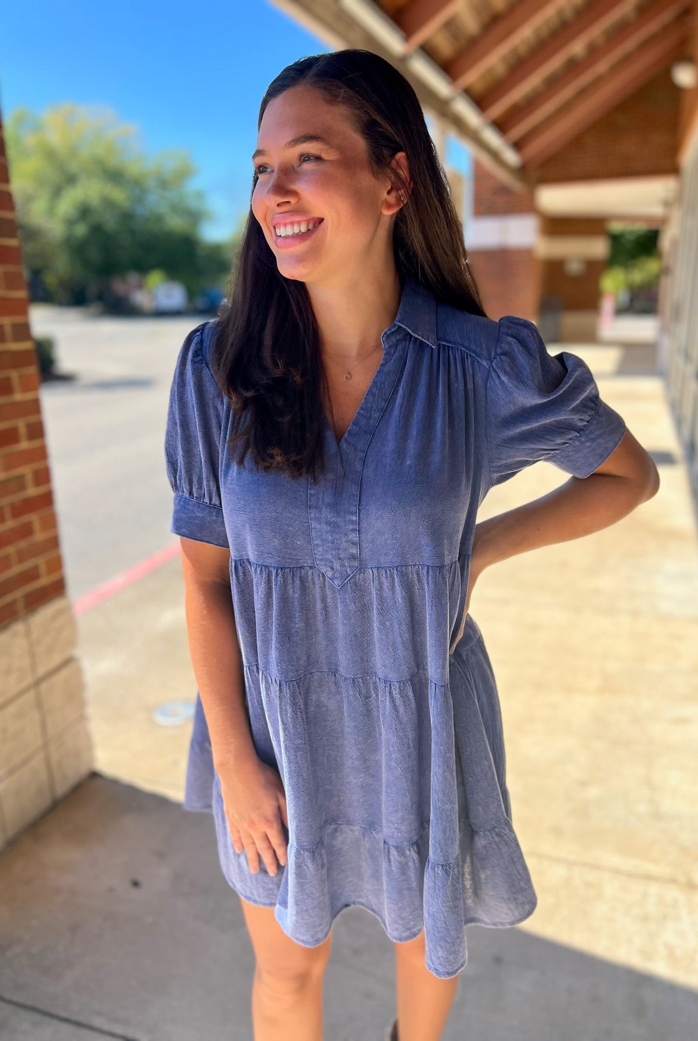Blue Mineral Washed Short Puff Sleeve Tiered Dress - A'Bekah's Boutique