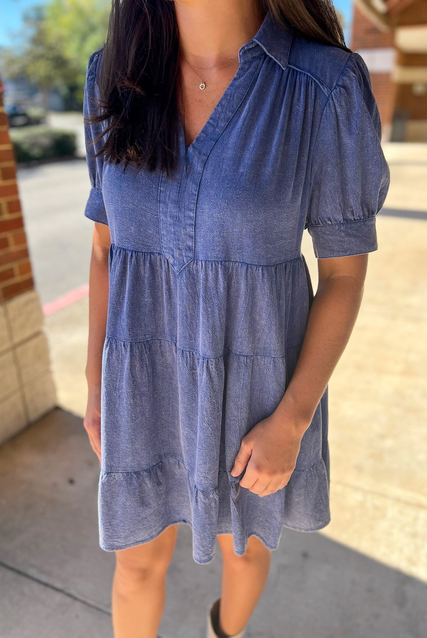 Blue Mineral Washed Short Puff Sleeve Tiered Dress - A'Bekah's Boutique