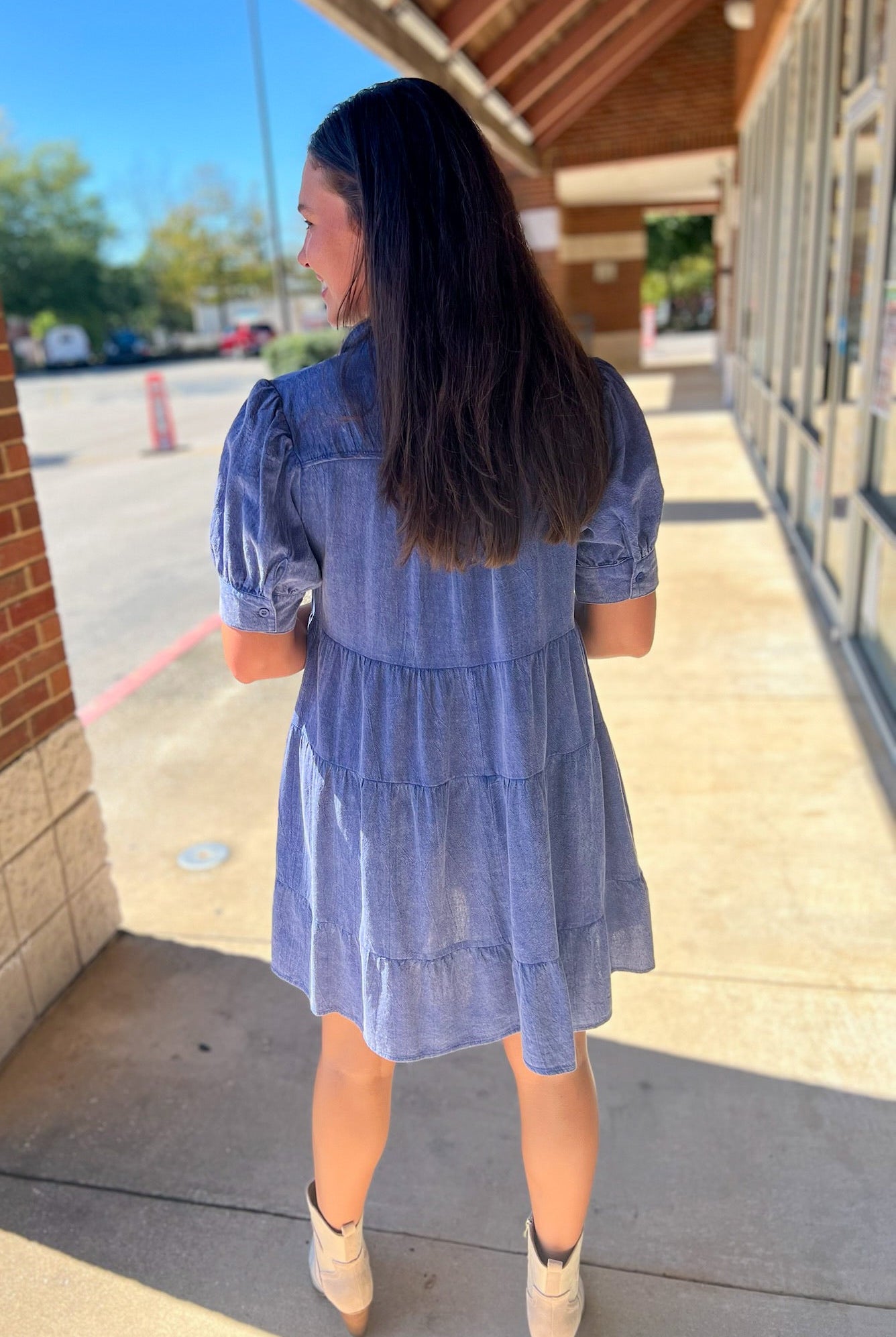 Blue Mineral Washed Short Puff Sleeve Tiered Dress - A'Bekah's Boutique