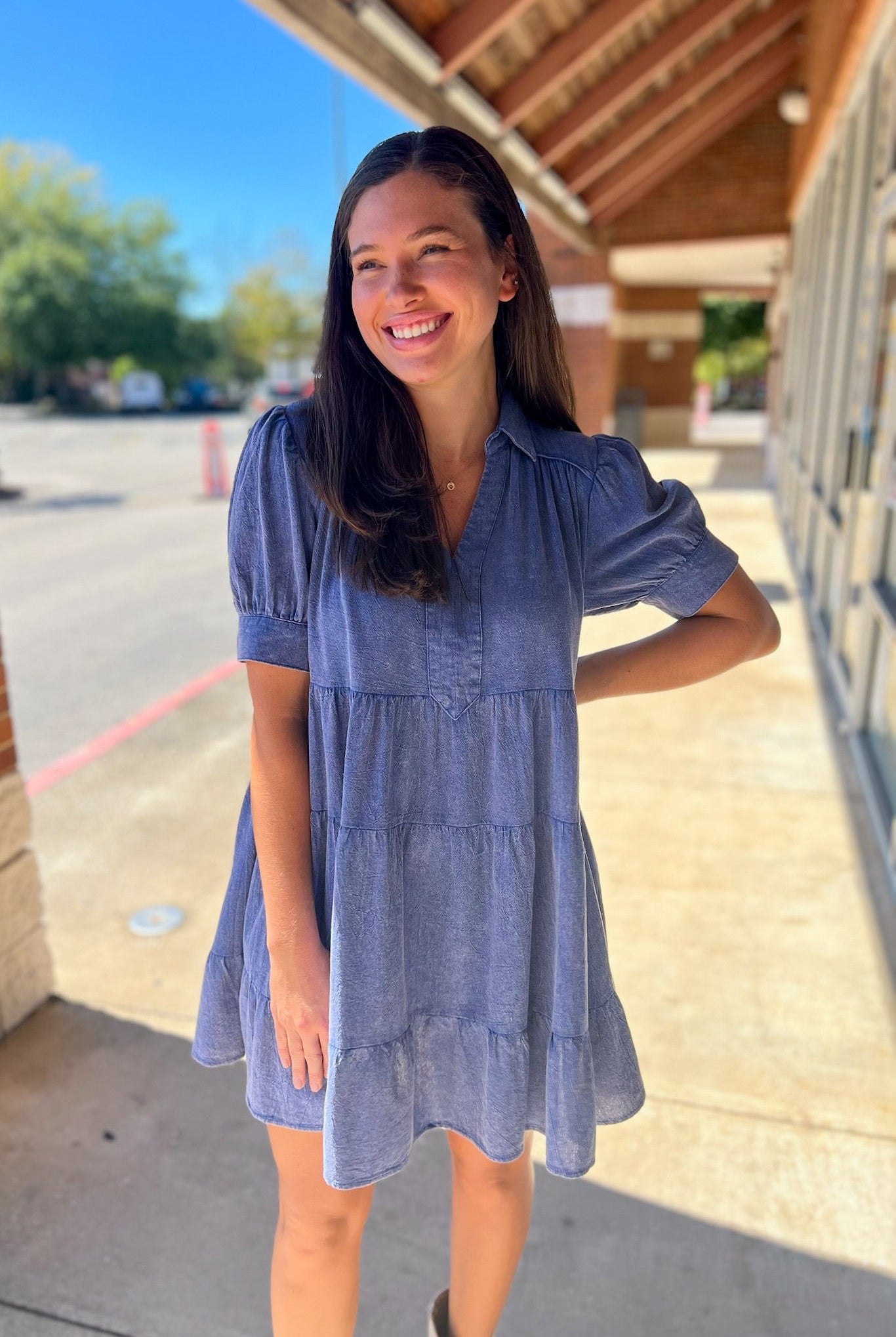 Blue Mineral Washed Short Puff Sleeve Tiered Dress - A'Bekah's Boutique