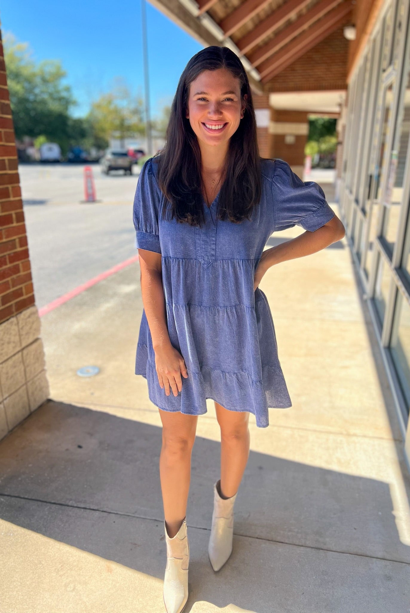 Blue Mineral Washed Short Puff Sleeve Tiered Dress - A'Bekah's Boutique