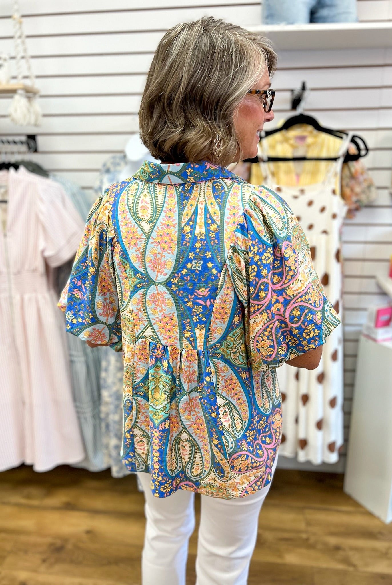 Blue Mix Abstract Print V-Neck Top Smocked Front Yoke - A'Bekah's Boutique