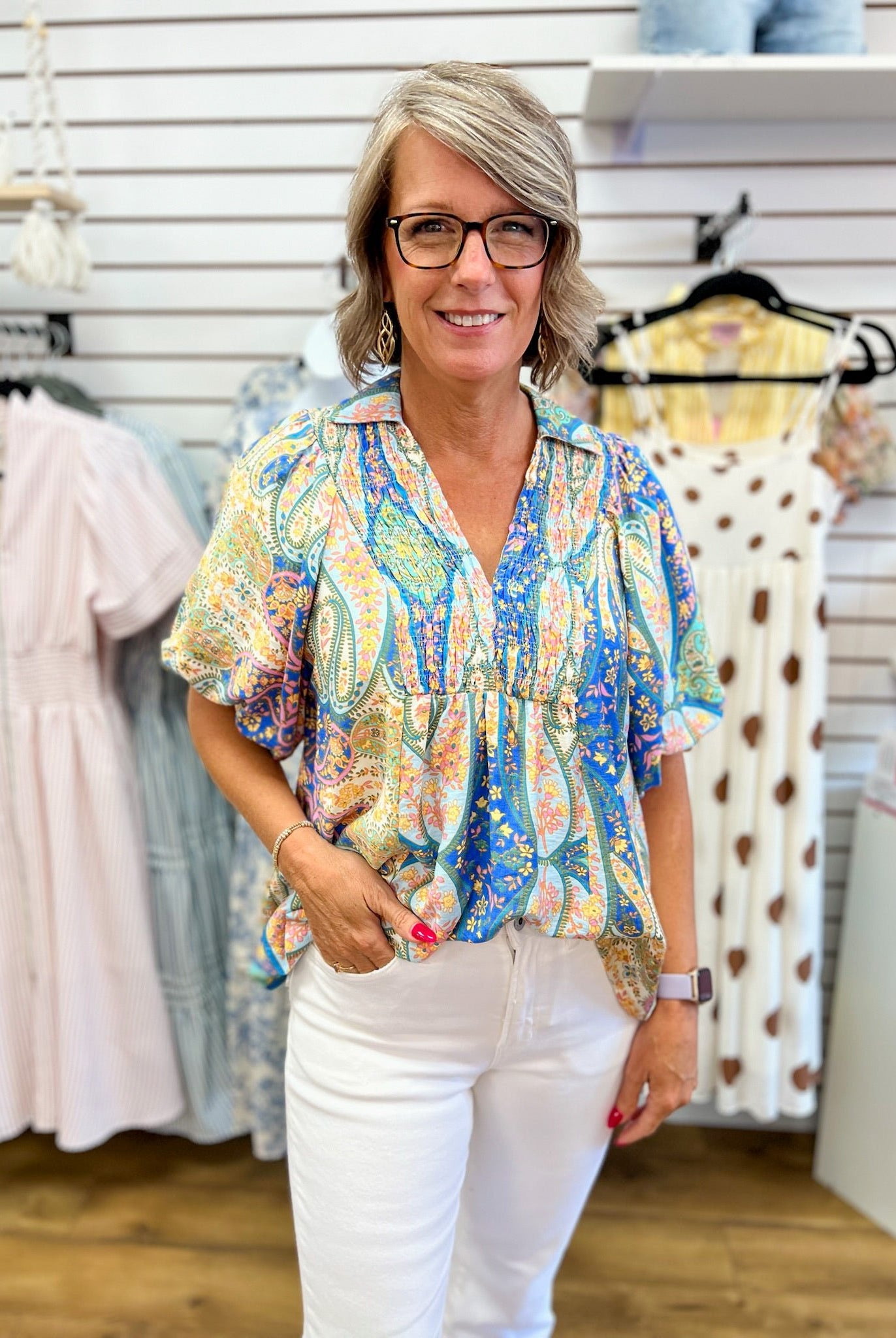 Blue Mix Abstract Print V-Neck Top Smocked Front Yoke - A'Bekah's Boutique