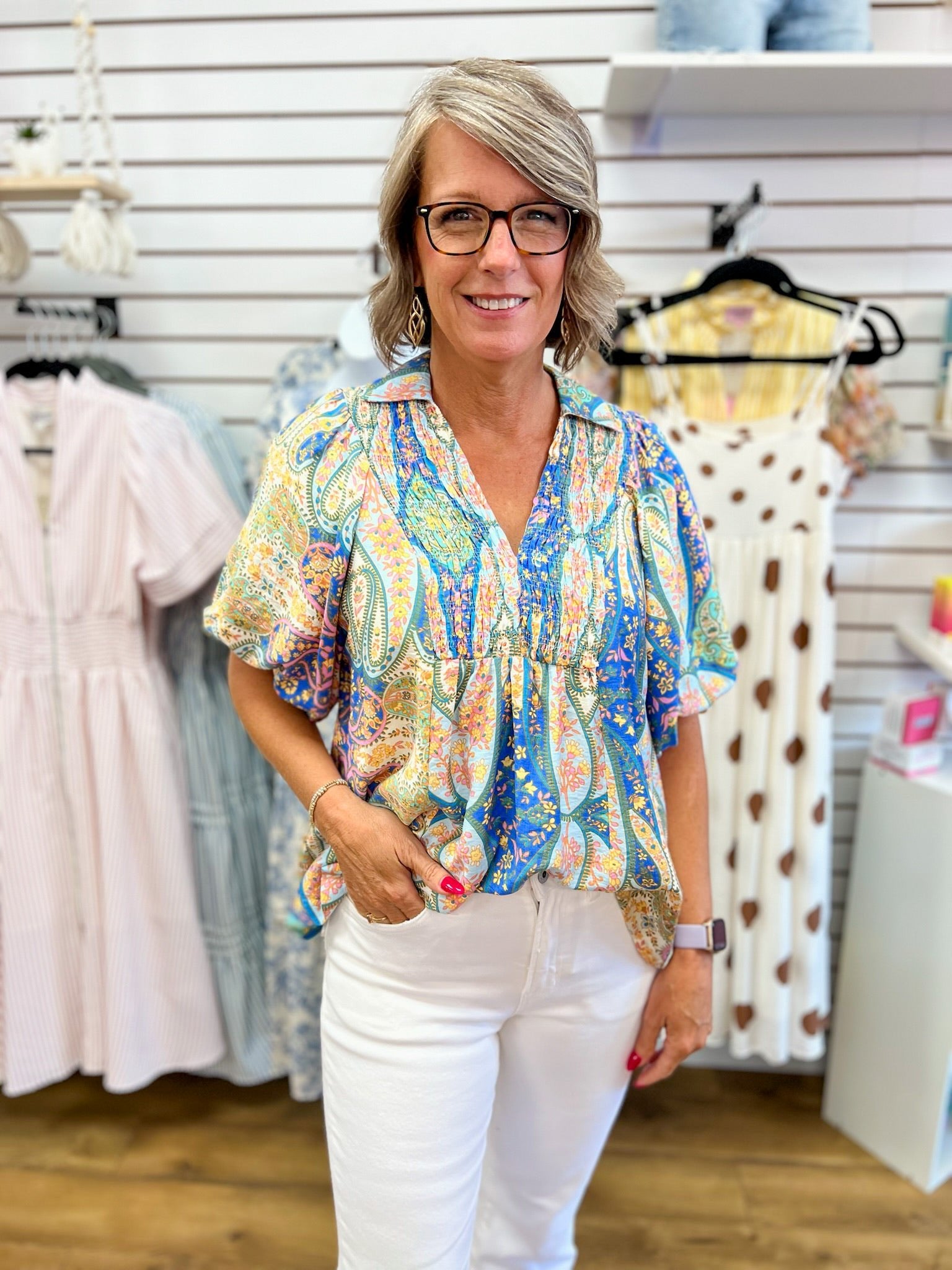 Blue Mix Abstract Print V-Neck Top Smocked Front Yoke - A'Bekah's Boutique