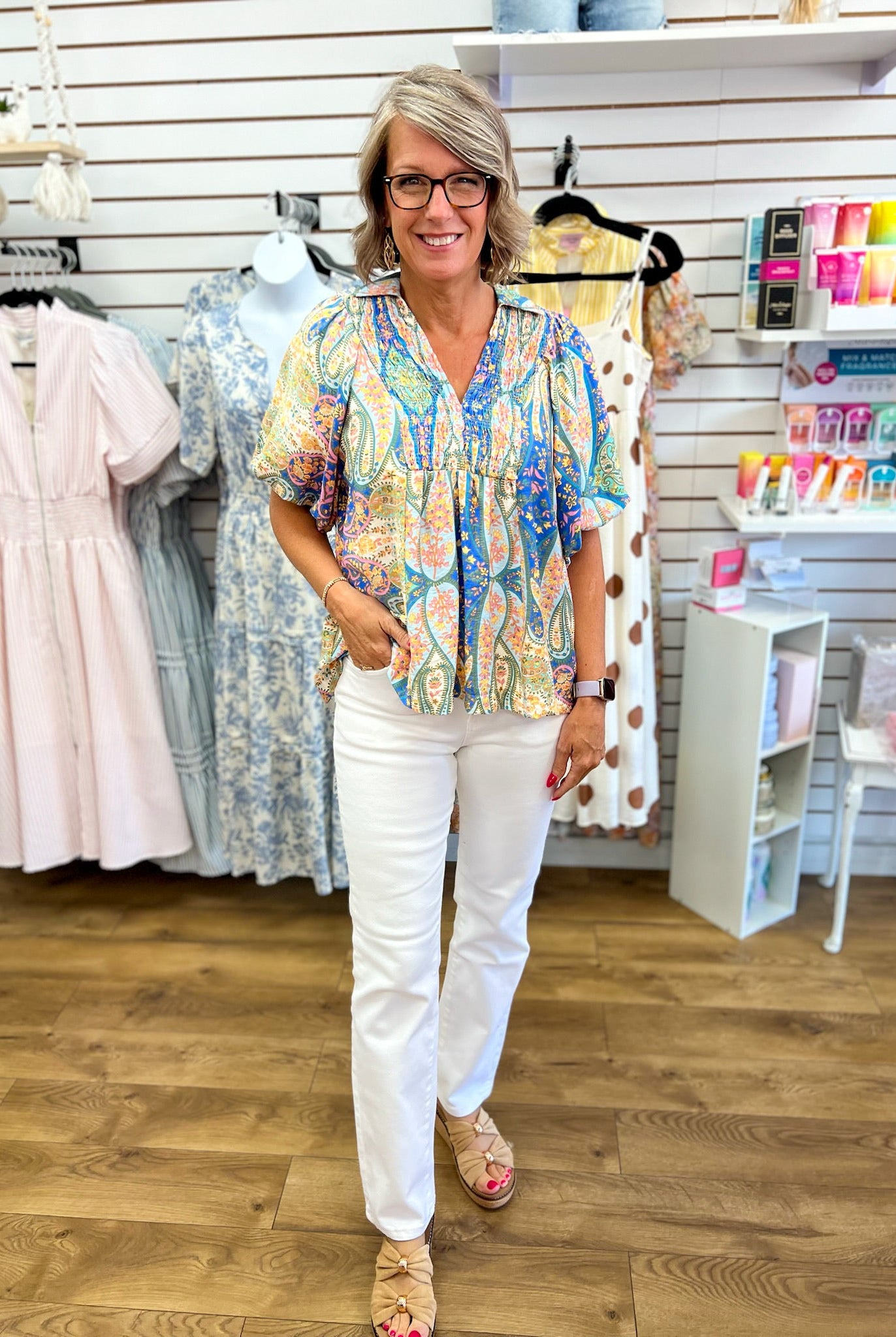 Blue Mix Abstract Print V-Neck Top Smocked Front Yoke - A'Bekah's Boutique