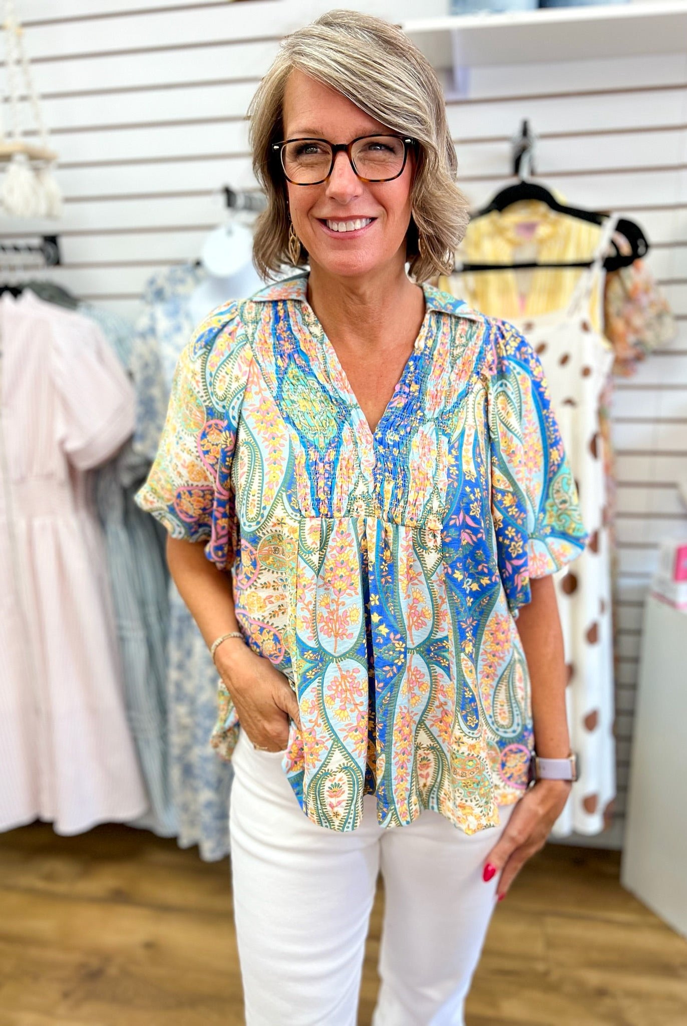 Blue Mix Abstract Print V-Neck Top Smocked Front Yoke - A'Bekah's Boutique
