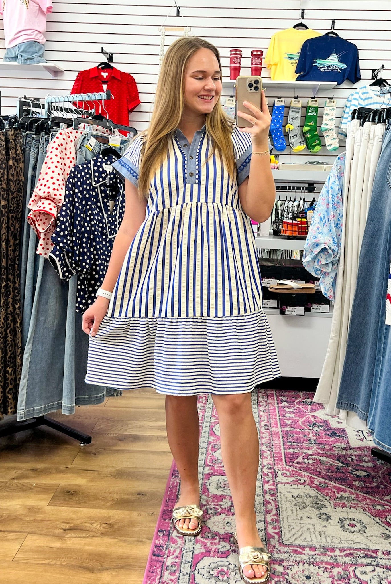 Blue Multi Striped Contrast Trim Short Sleeve Dress - A'Bekah's Boutique