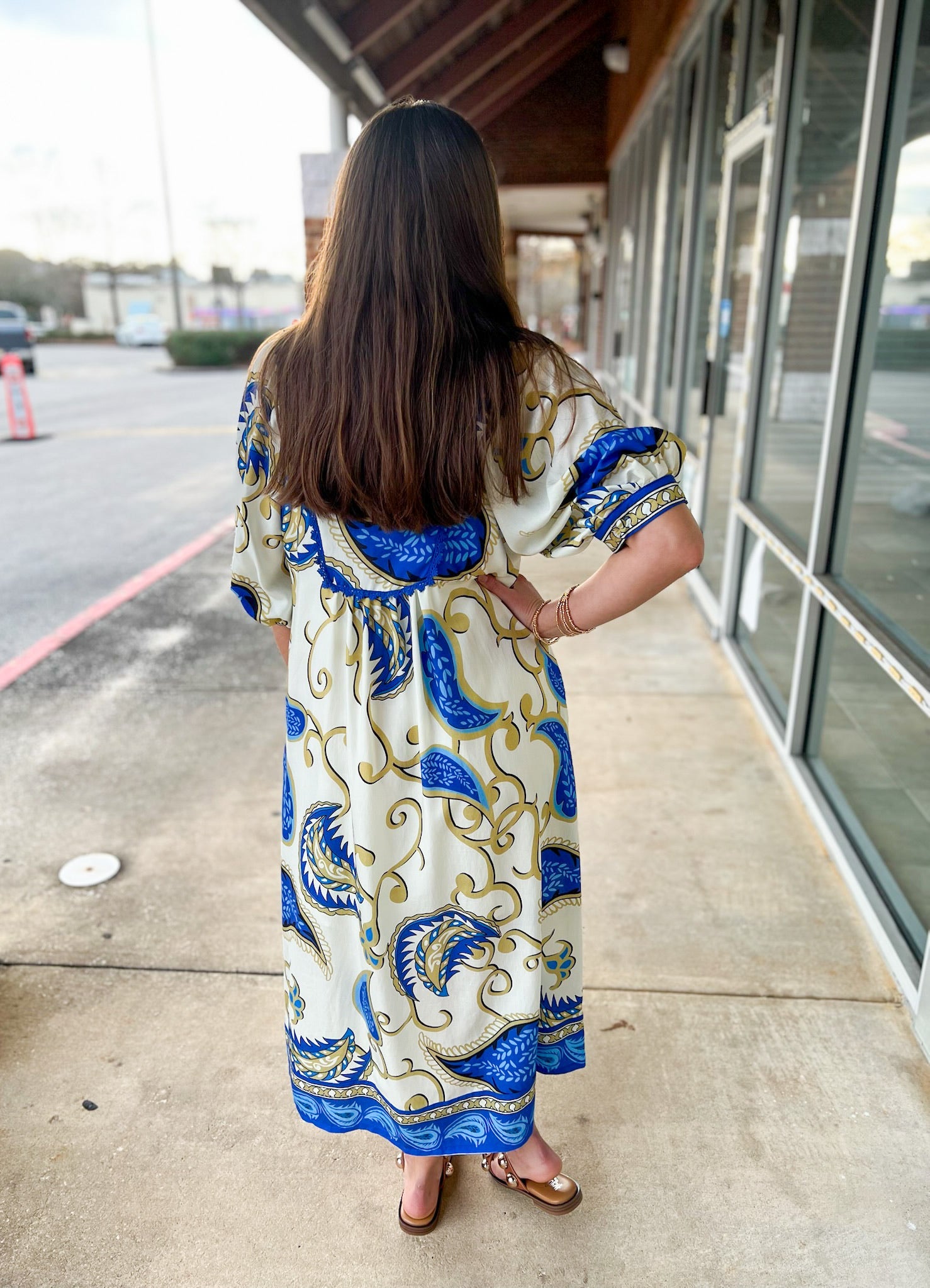Blue Paisley Print V - Neck Border Trim Midi Dress - A'Bekah's Boutique