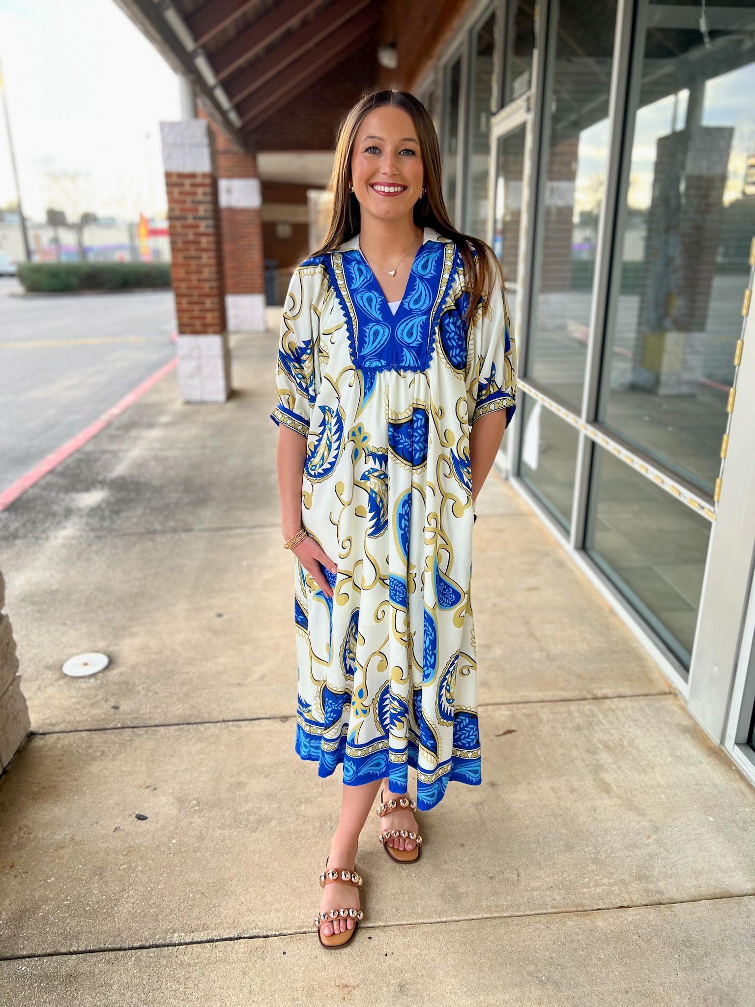 Blue Paisley Print V - Neck Border Trim Midi Dress - A'Bekah's Boutique