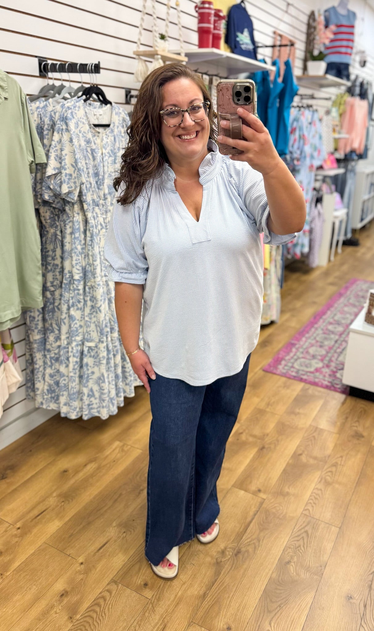 Blue Pinstriped Top with Short Puff Sleeves - A'Bekah's Boutique