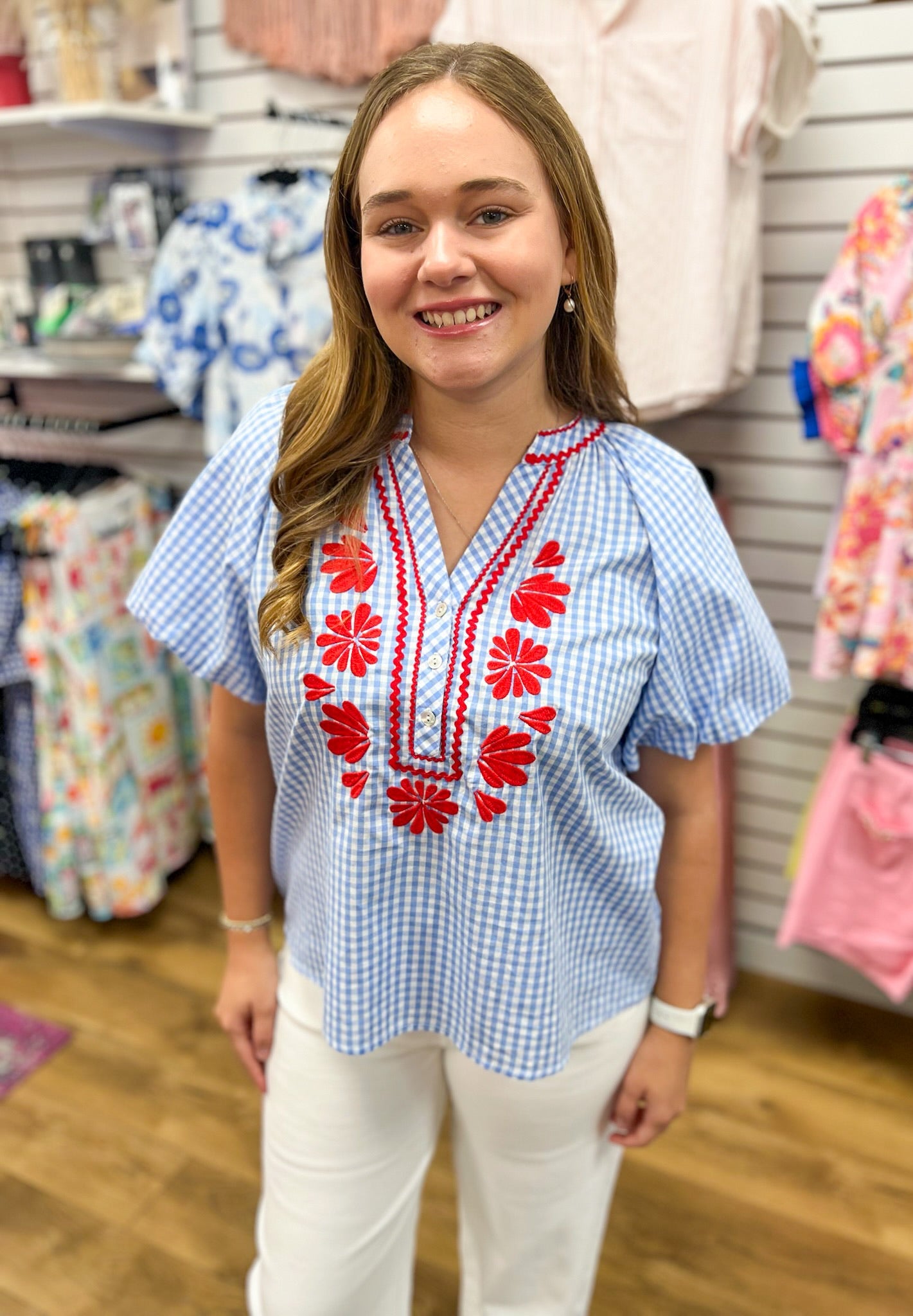 Blue Plaid Top with Floral Embroidery - A'Bekah's Boutique