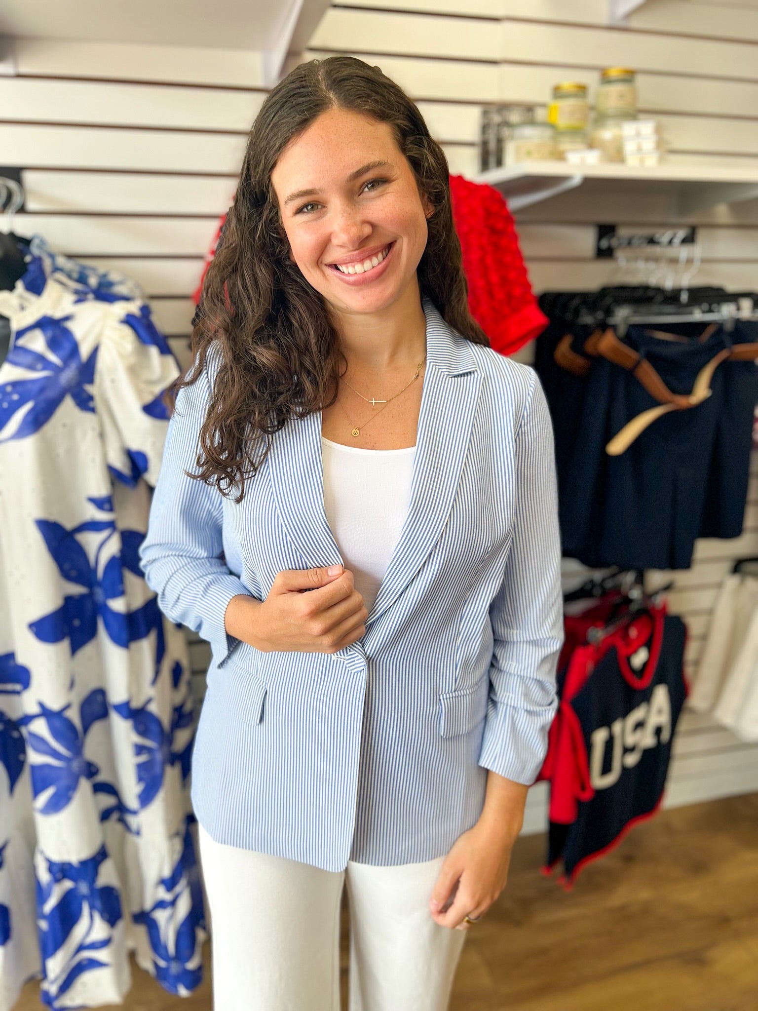 Blue Striped Cinched Sleeve One Button Blazer - A'Bekah's Boutique
