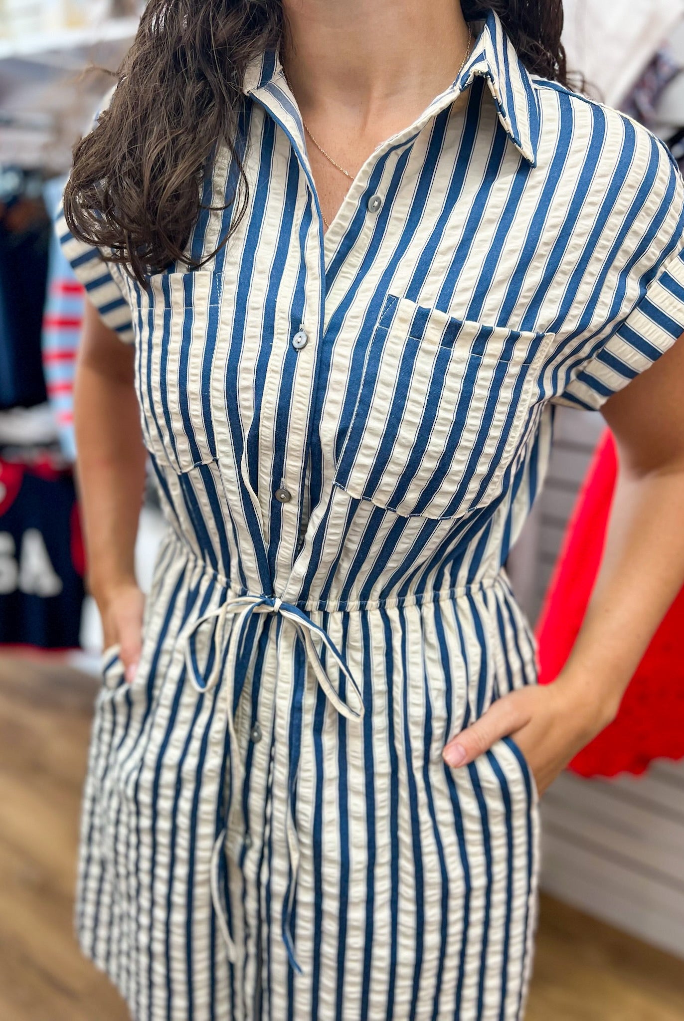Blue Striped Dress with Tie Waist and Pockets - A'Bekah's Boutique