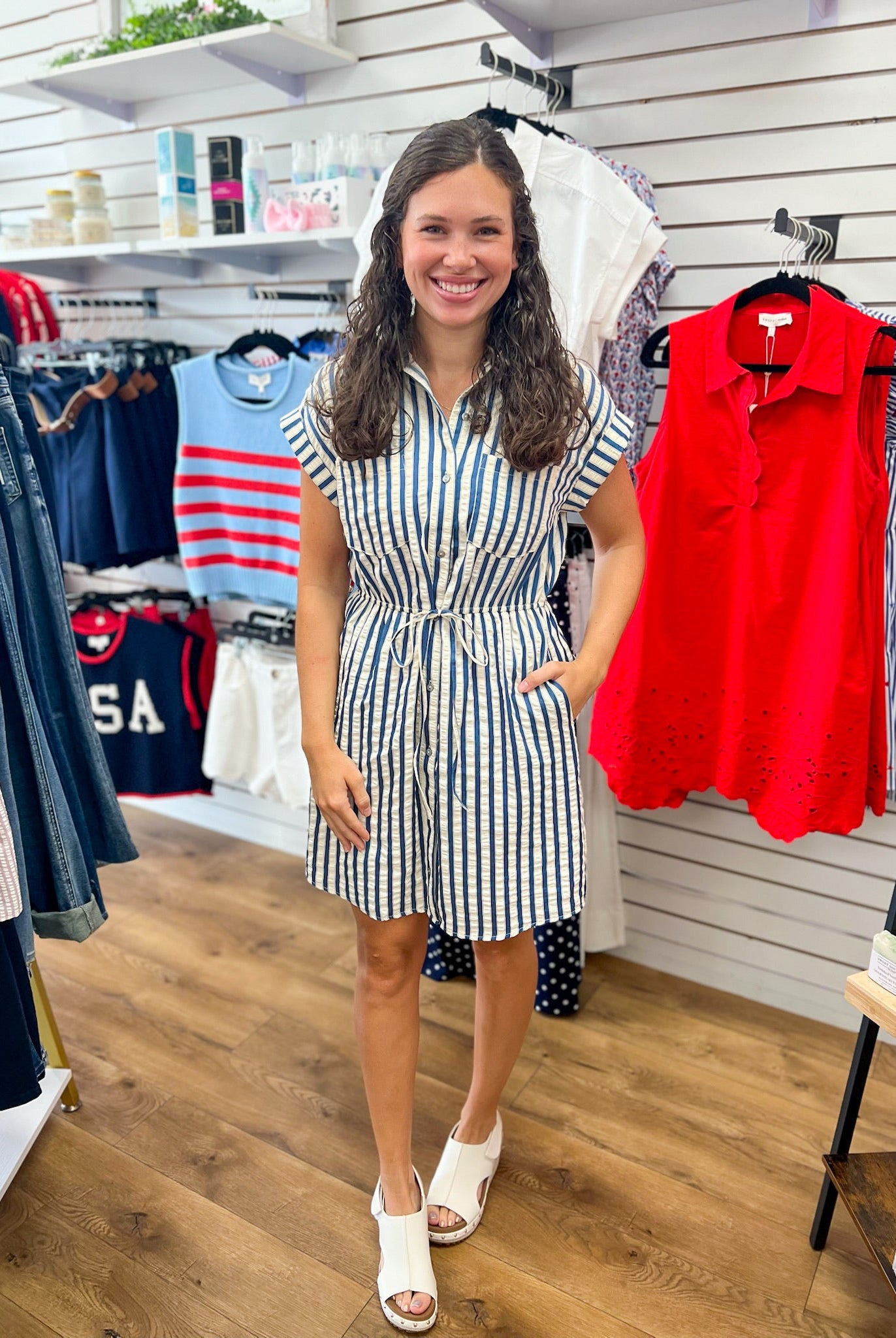 Blue Striped Dress with Tie Waist and Pockets - A'Bekah's Boutique