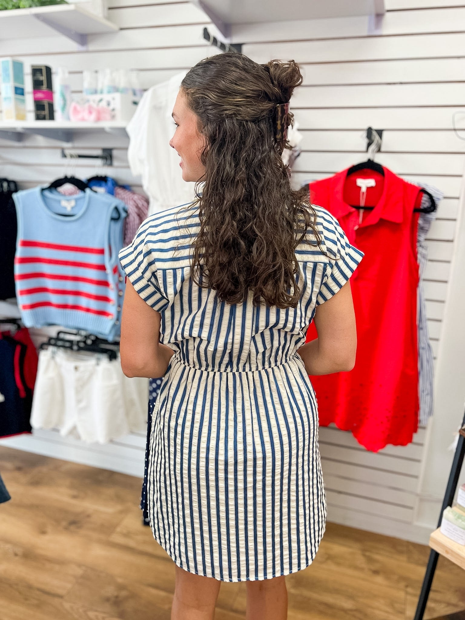 Blue Striped Dress with Tie Waist and Pockets - A'Bekah's Boutique