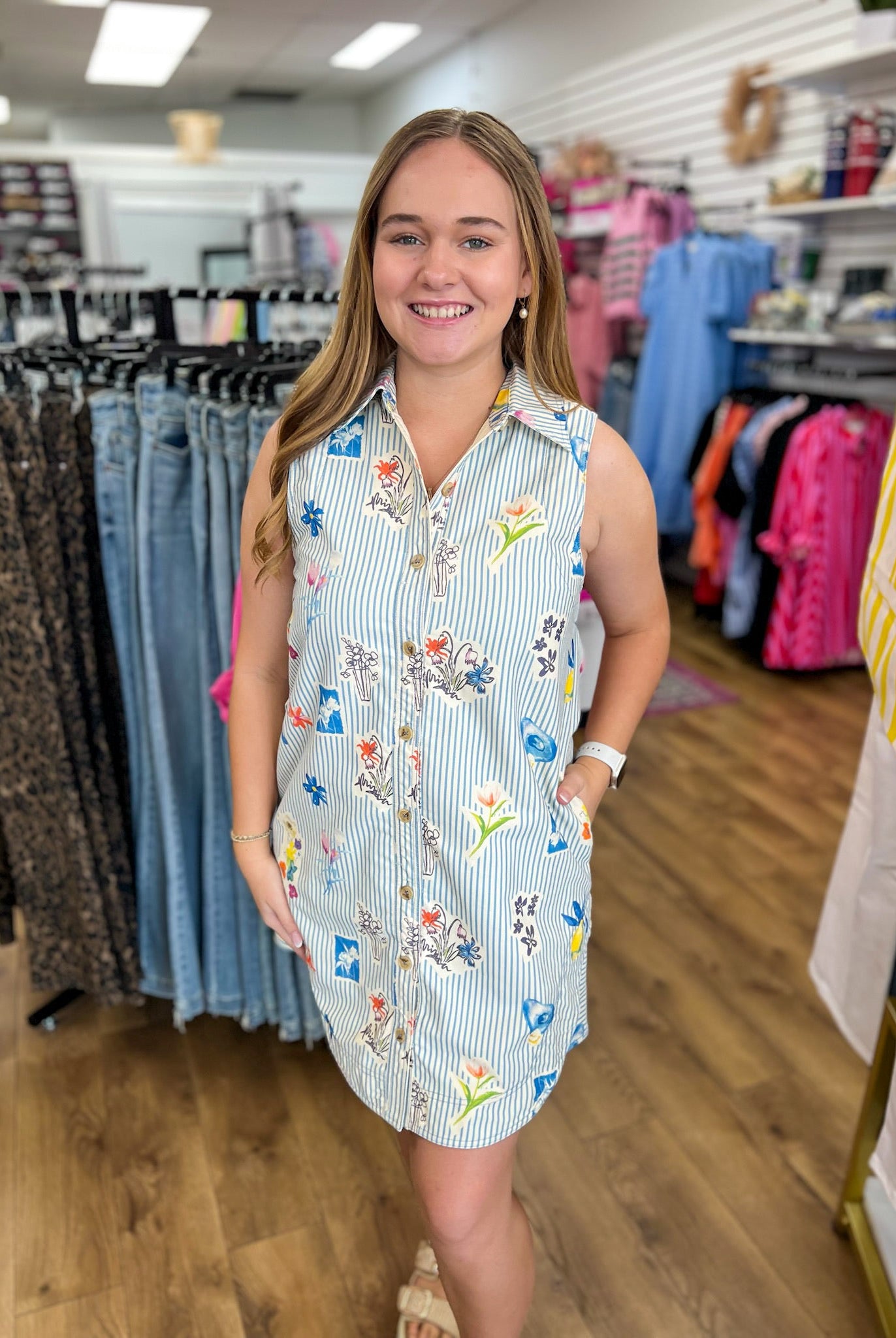 Blue Striped Floral Sleeveless Dress - A'Bekah's Boutique