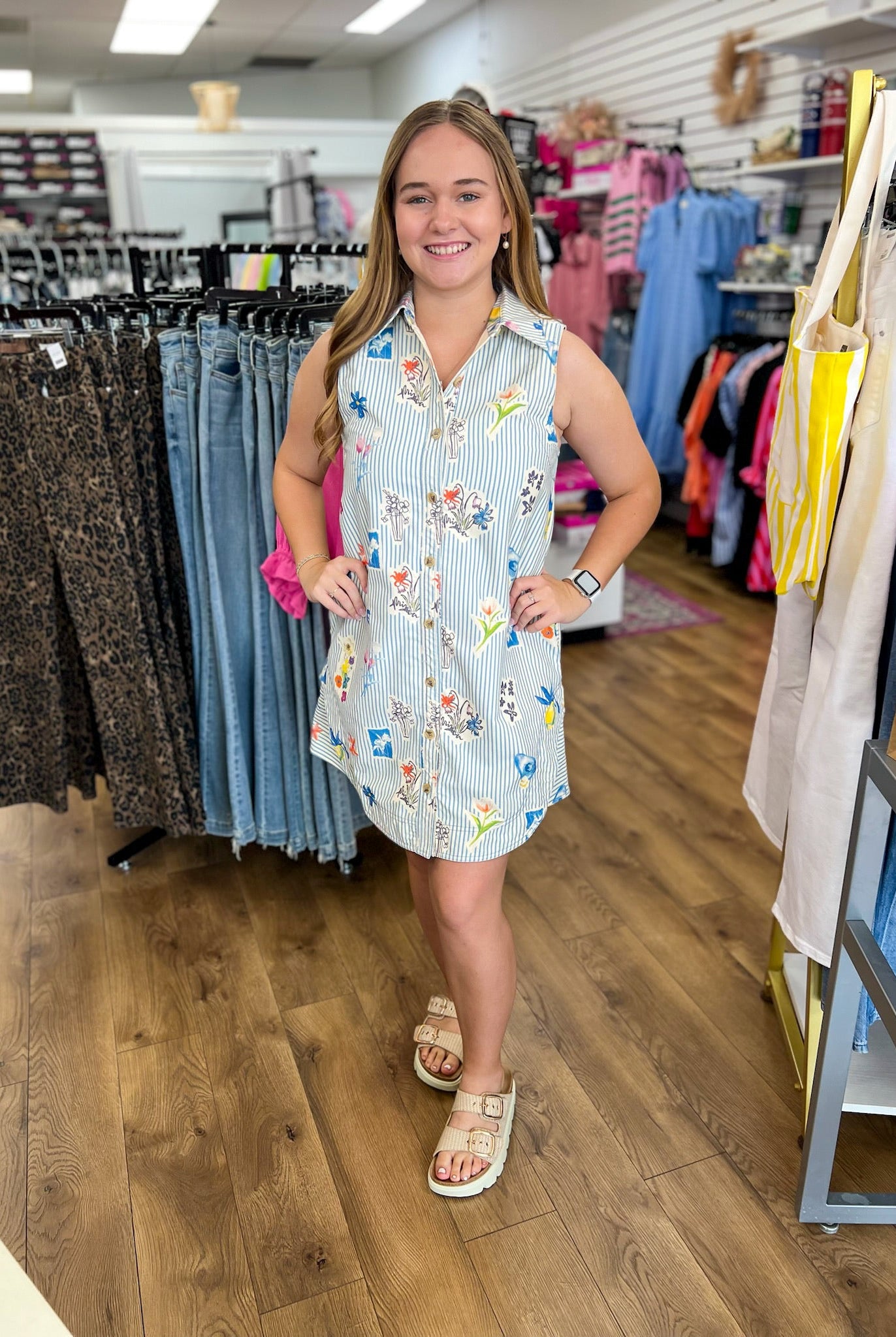 Blue Striped Floral Sleeveless Dress - A'Bekah's Boutique