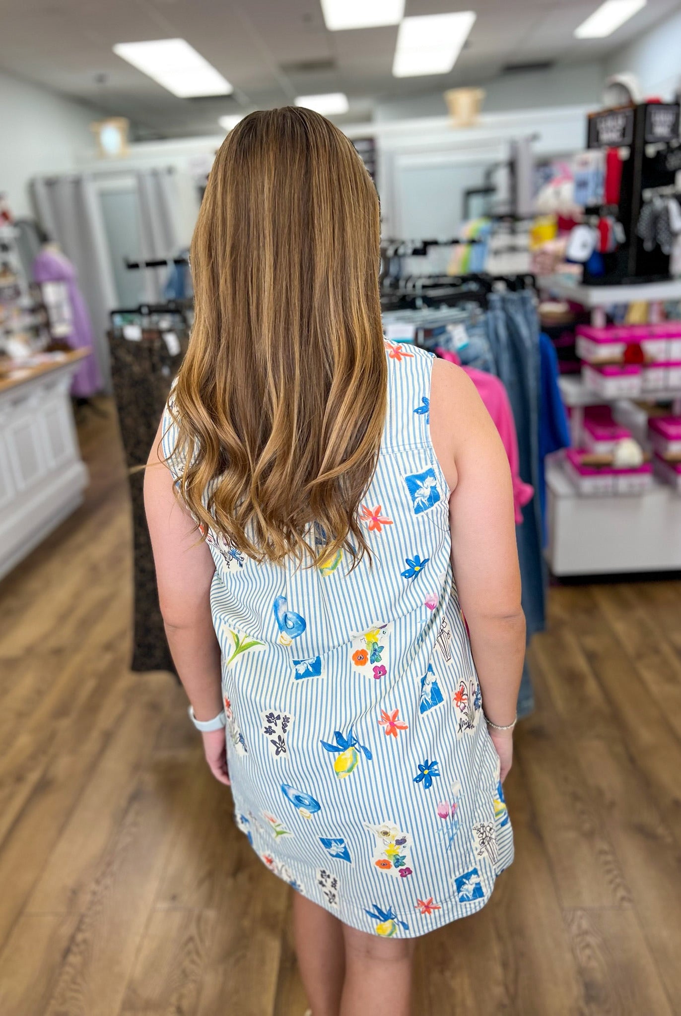 Blue Striped Floral Sleeveless Dress - A'Bekah's Boutique