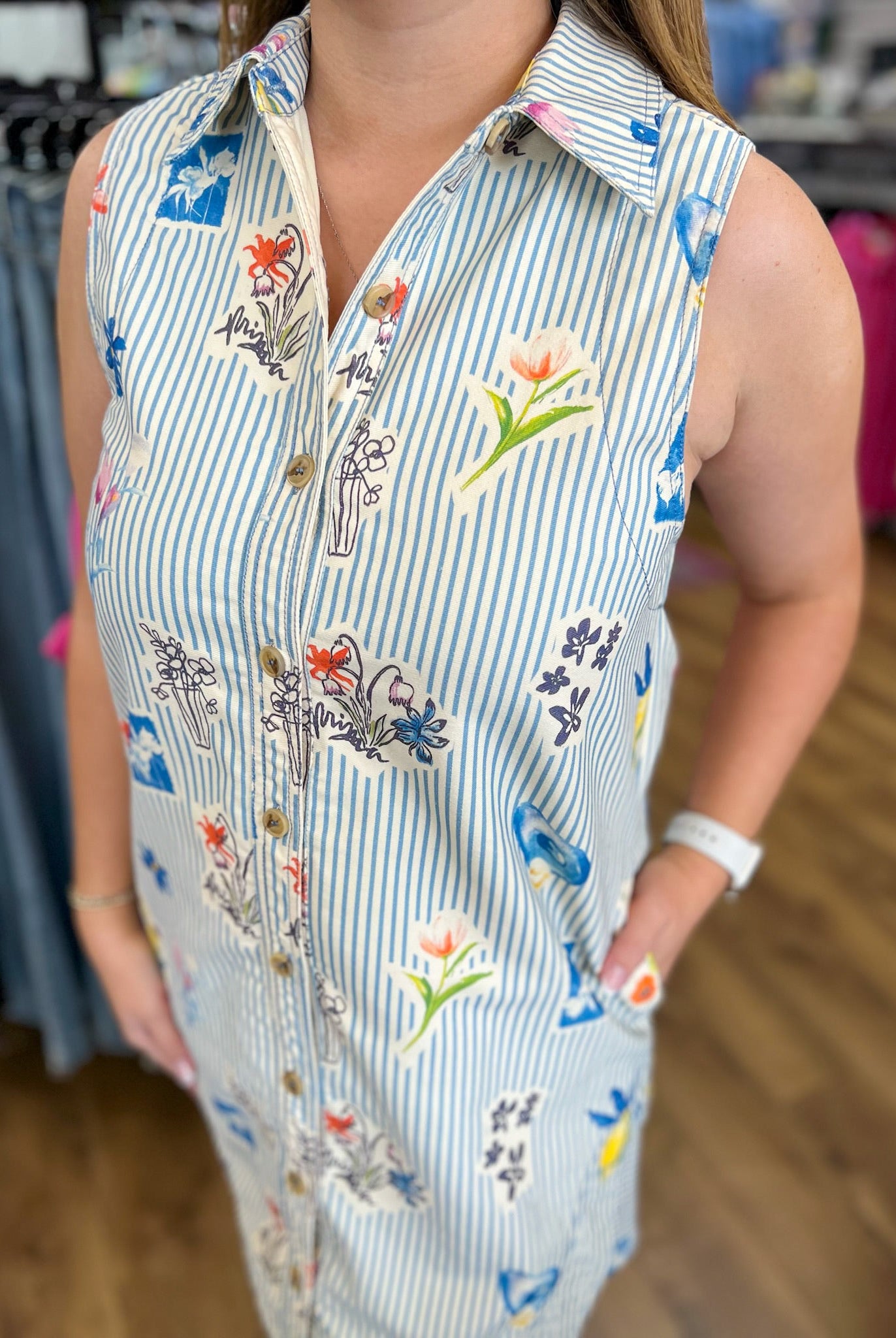 Blue Striped Floral Sleeveless Dress - A'Bekah's Boutique