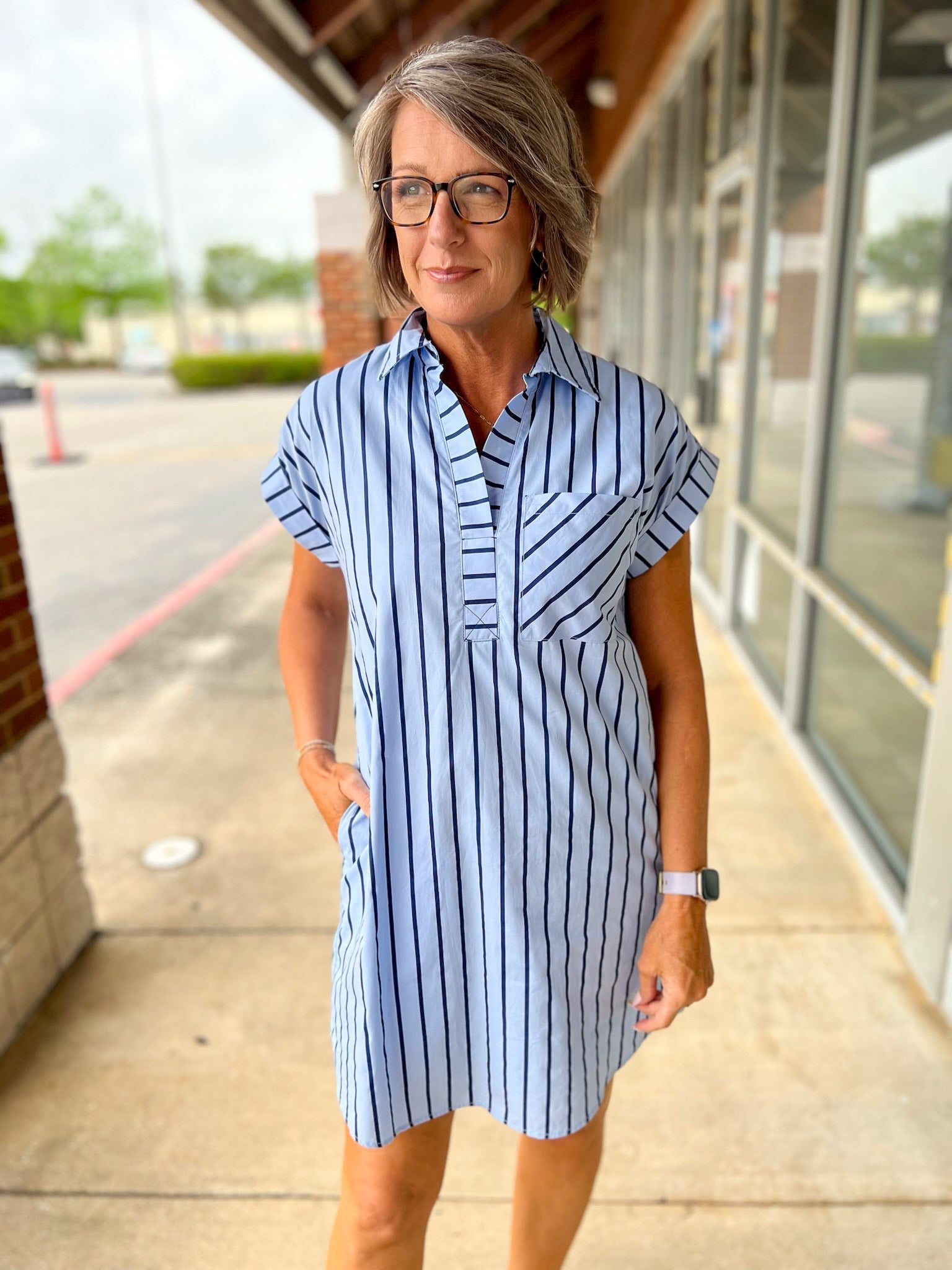Blue Striped Short Sleeve Dress with Pockets - A'Bekah's Boutique