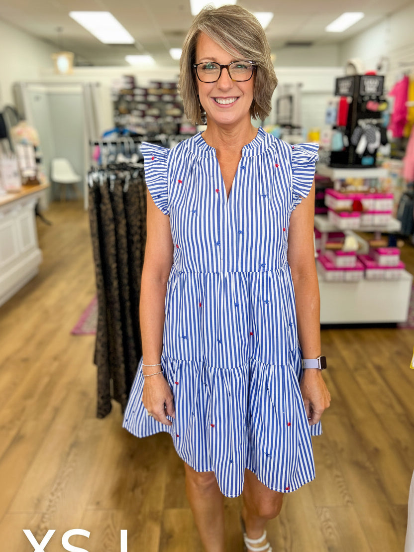 Blue Striped Tiered Dress with Embroidered Stars - A'Bekah's Boutique