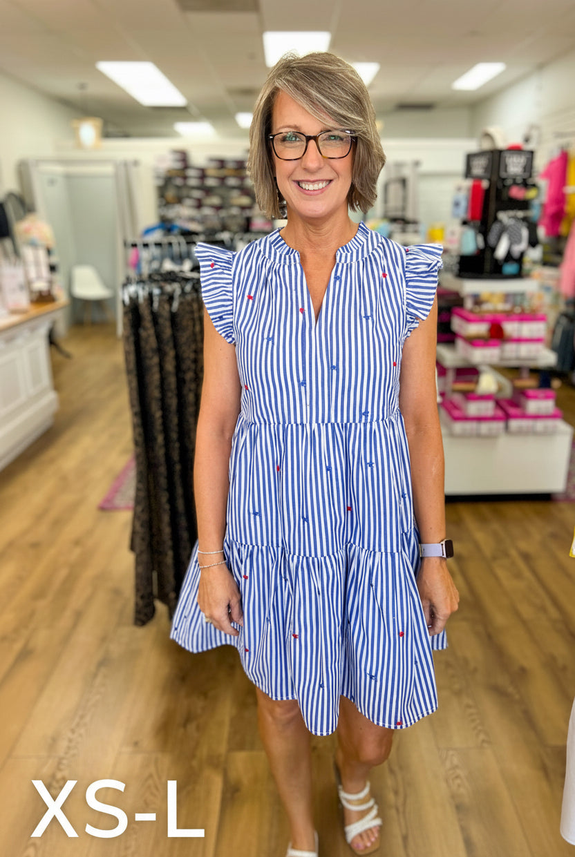 Blue Striped Tiered Dress with Embroidered Stars - A'Bekah's Boutique