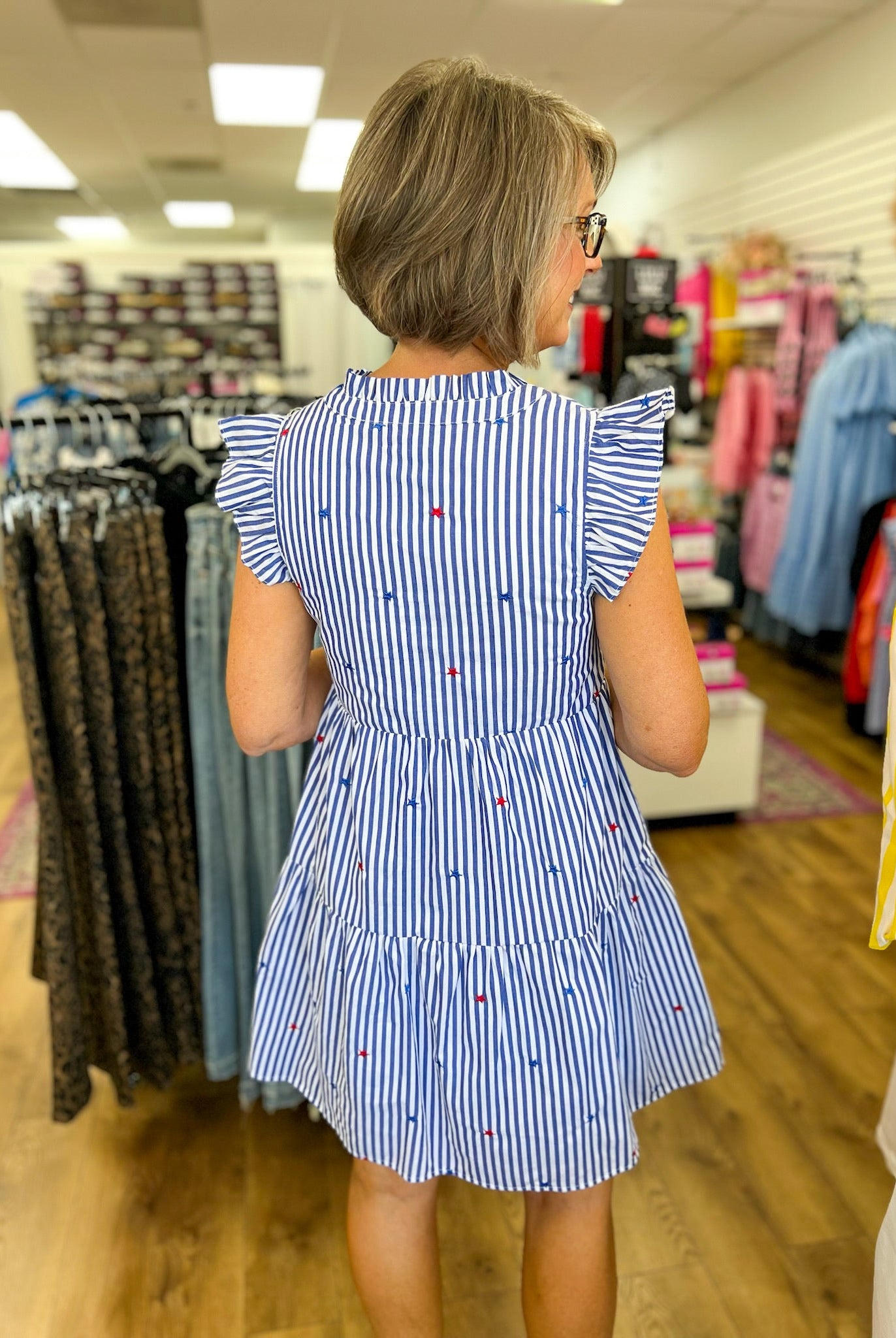 Blue Striped Tiered Dress with Embroidered Stars - A'Bekah's Boutique