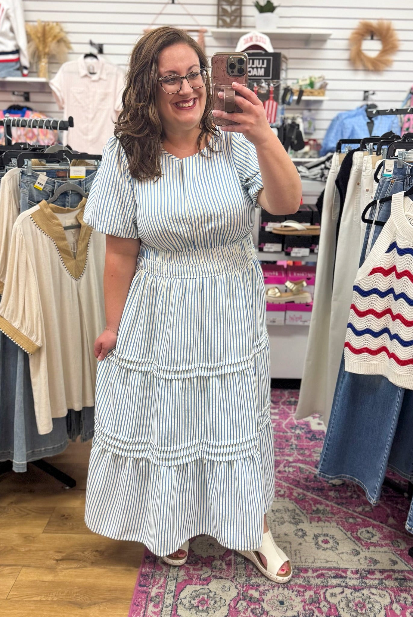 Blue Striped Tiered Midi Dress with Short Puff Sleeves - A'Bekah's Boutique