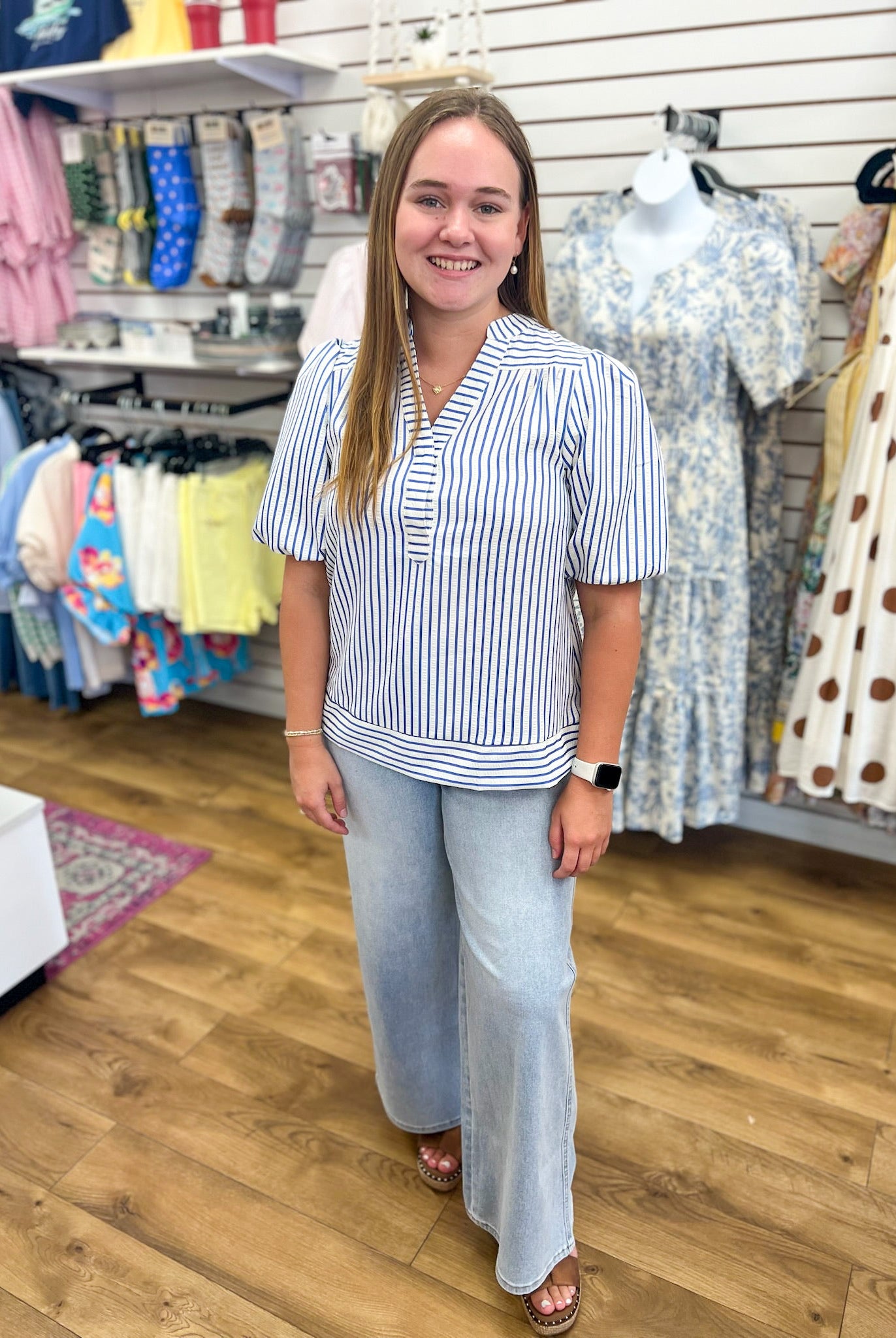 Blue Striped V-Neck Top with Short Bubble Sleeves - A'Bekah's Boutique