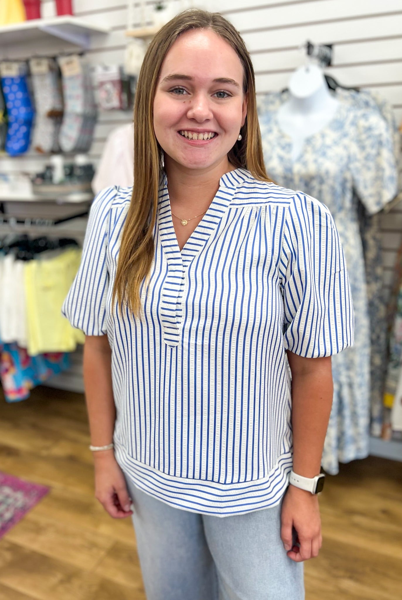 Blue Striped V-Neck Top with Short Bubble Sleeves - A'Bekah's Boutique