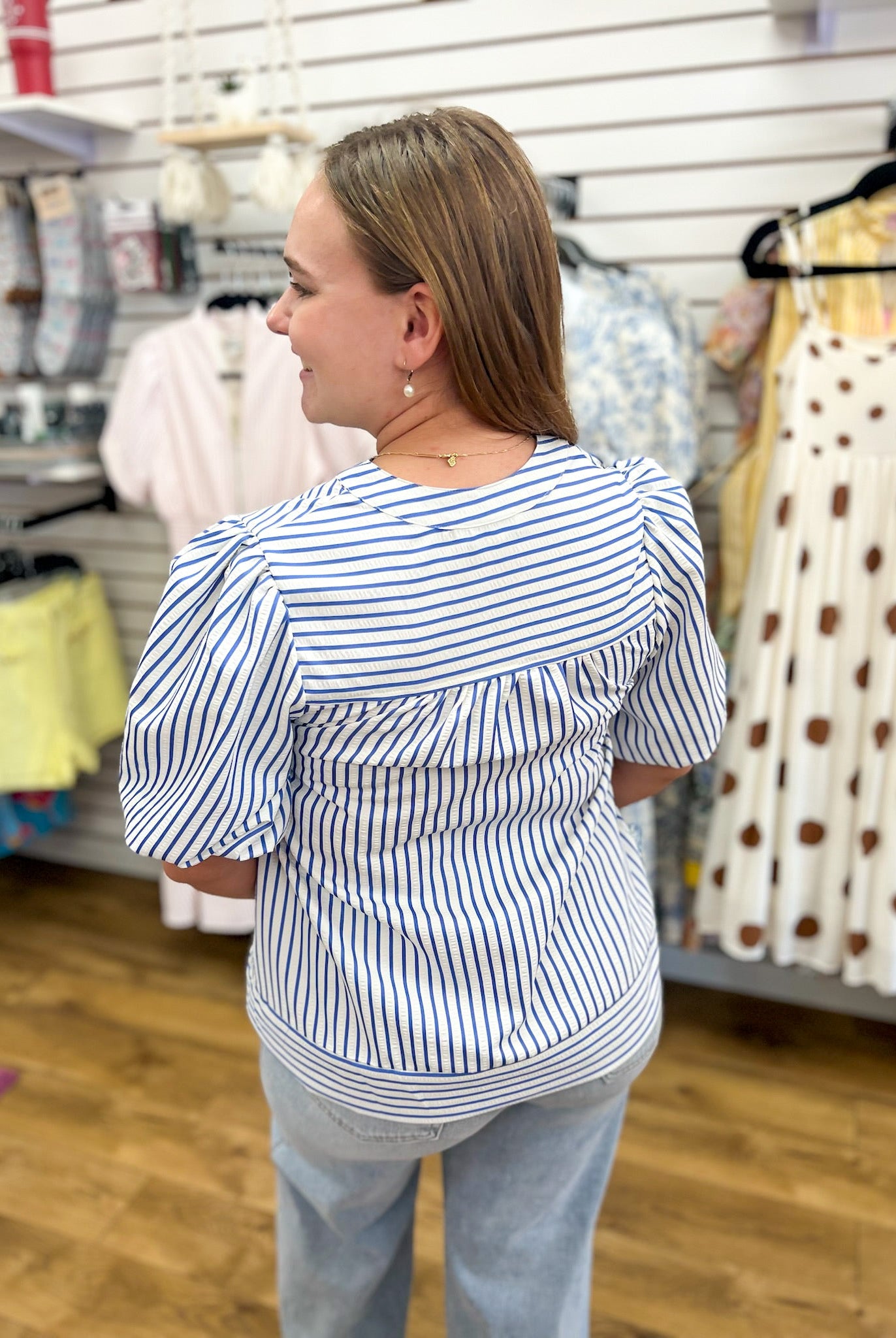 Blue Striped V-Neck Top with Short Bubble Sleeves - A'Bekah's Boutique