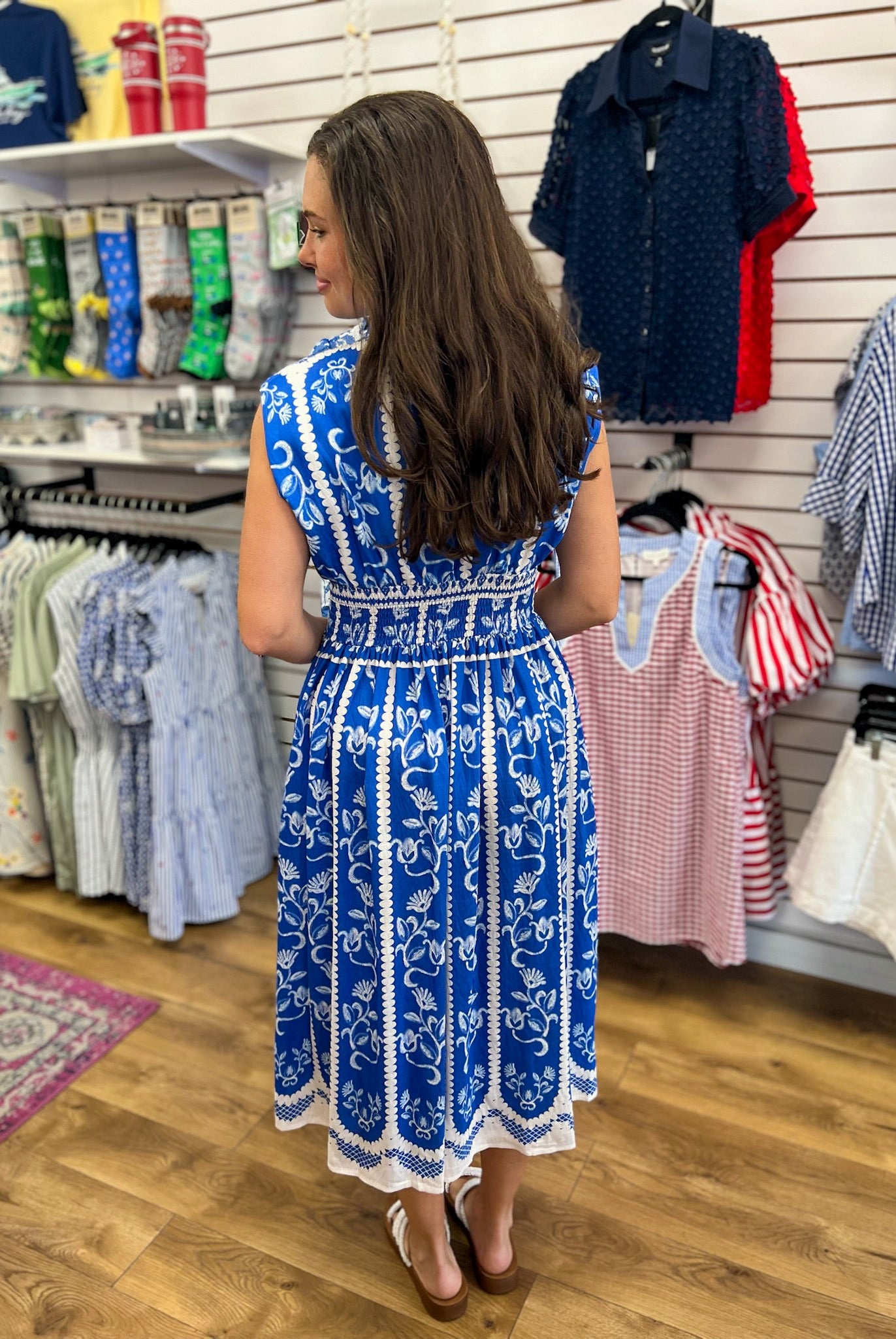 Blue V-Neck Sleeveless Midi Dress with Smocked Waist - A'Bekah's Boutique