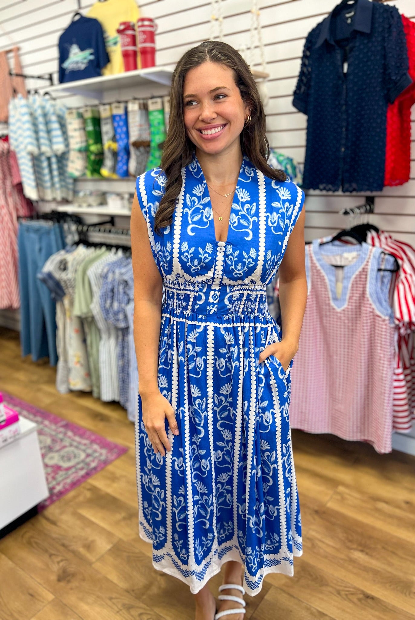 Blue V-Neck Sleeveless Midi Dress with Smocked Waist - A'Bekah's Boutique