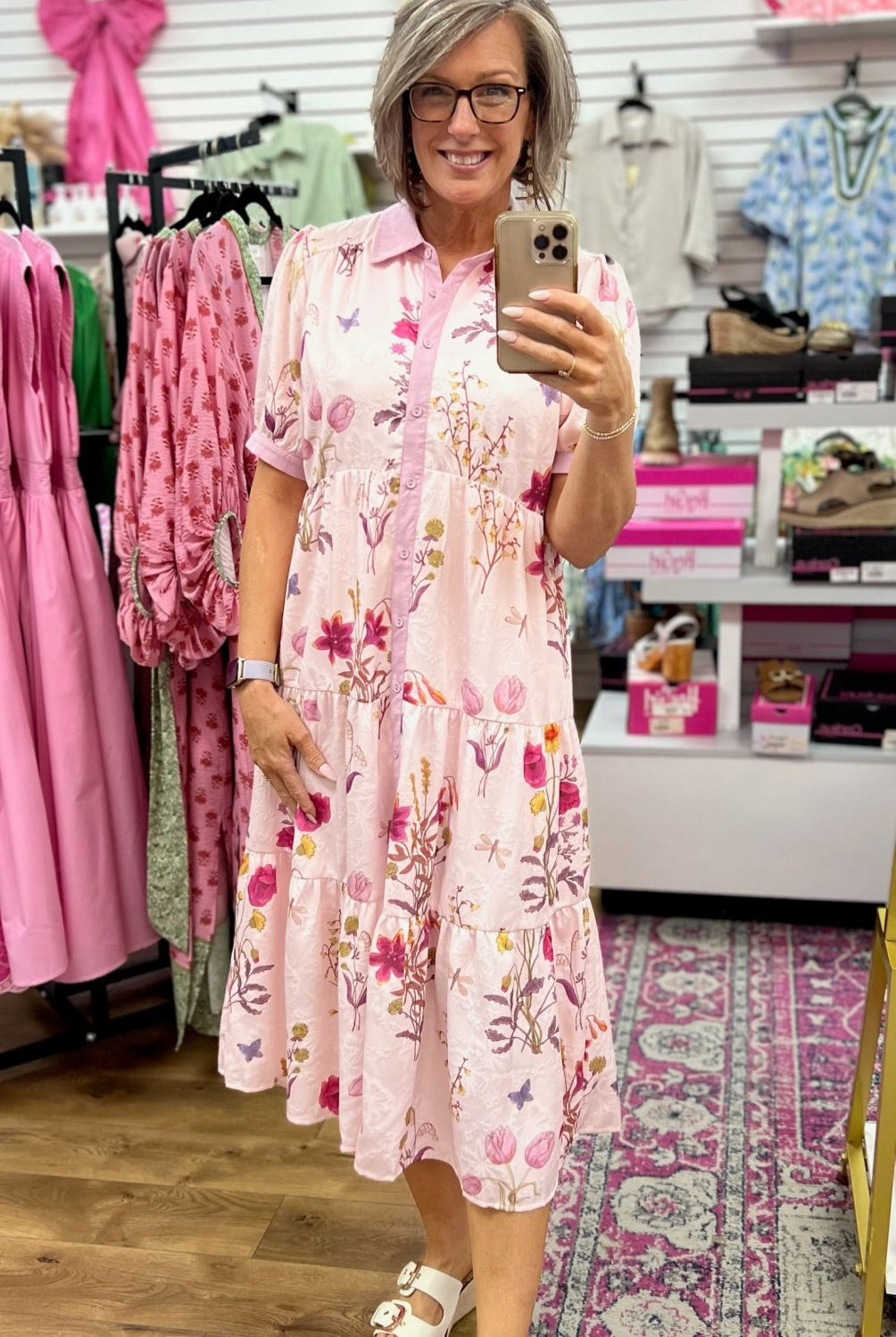 Blush Pink Floral Jacquard Button Down Midi Dress - A'Bekah's Boutique