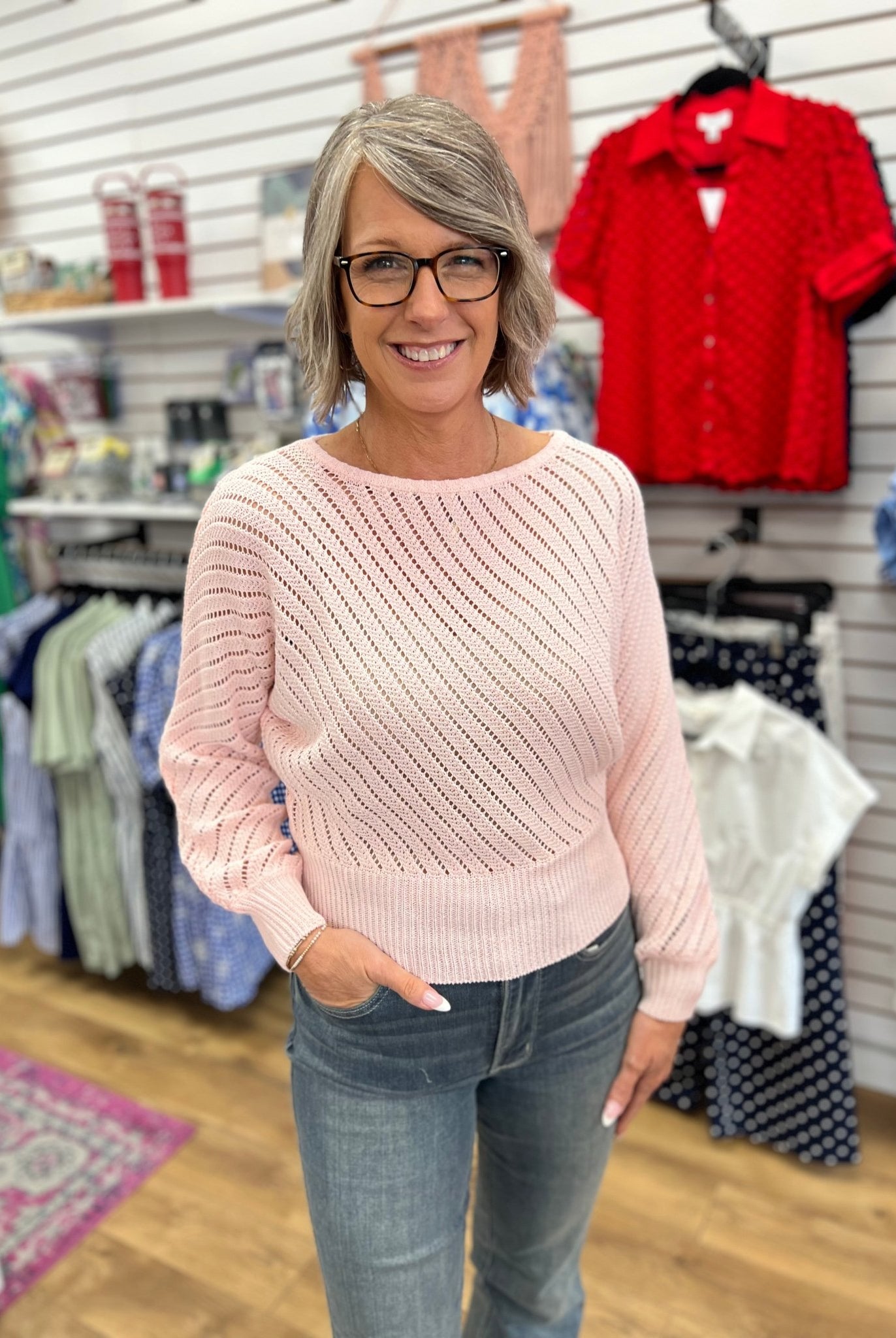Blush Pink Open Knit Long Dolman Sleeve Sweater - A'Bekah's Boutique