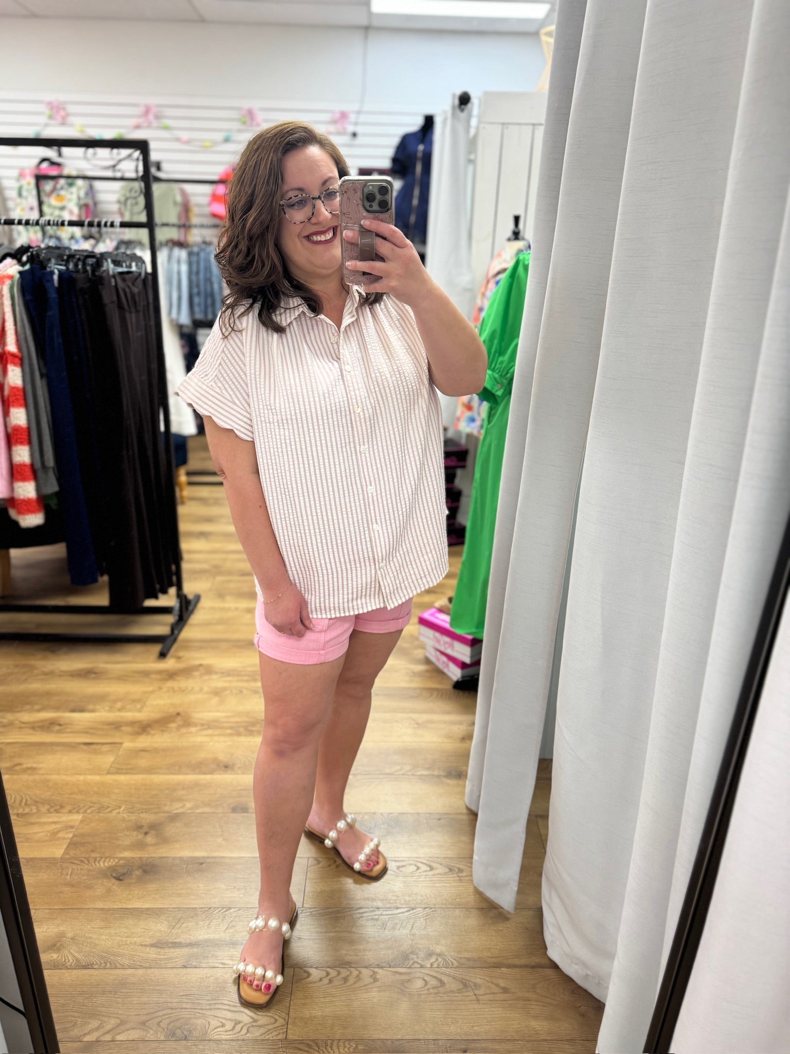 Blush Pink Striped Button Down Top with Scalloped Sleeves - A'Bekah's Boutique