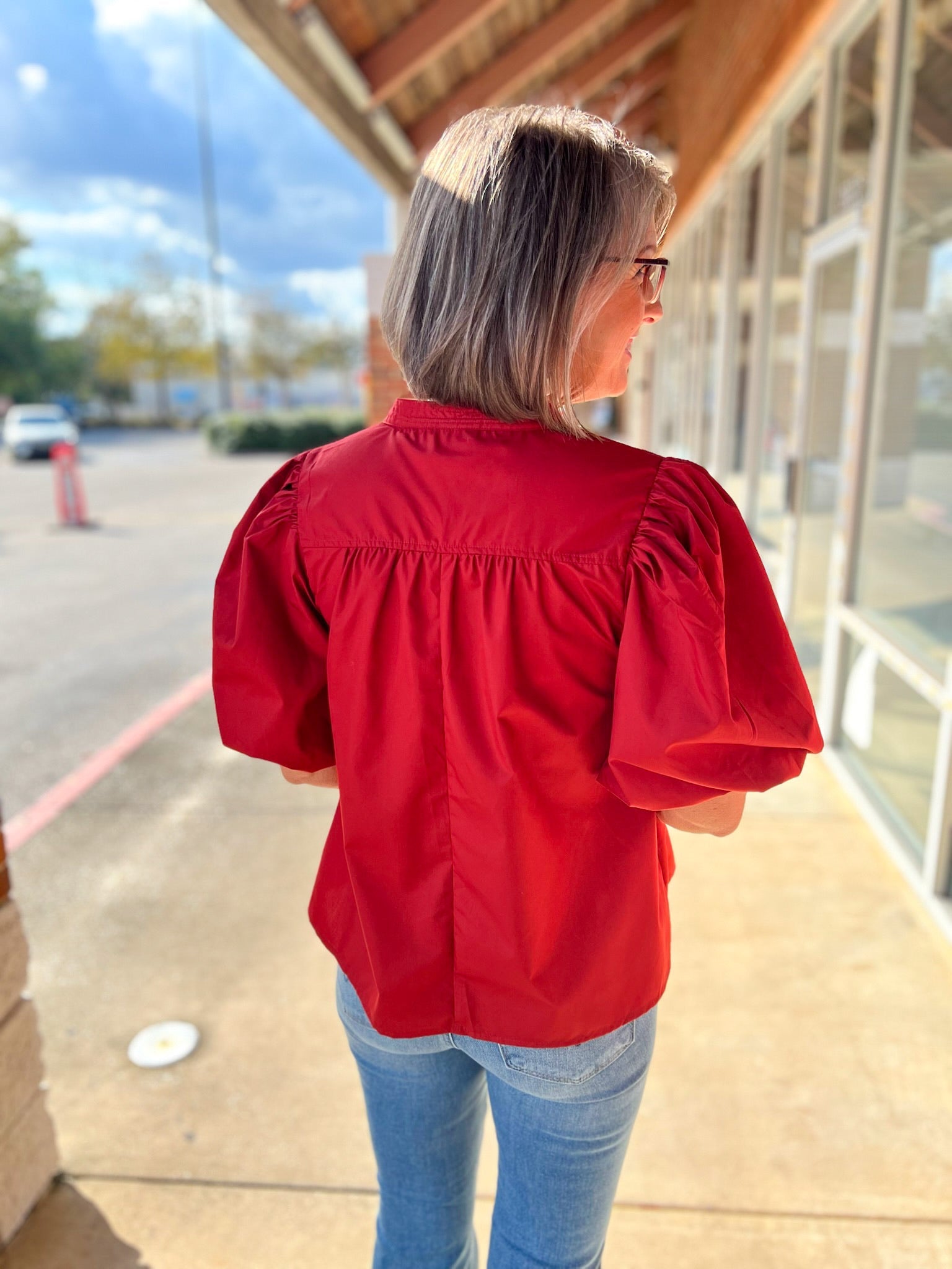 Brick Red V - Neck Elbow Length Bubble Sleeve Top - A'Bekah's Boutique