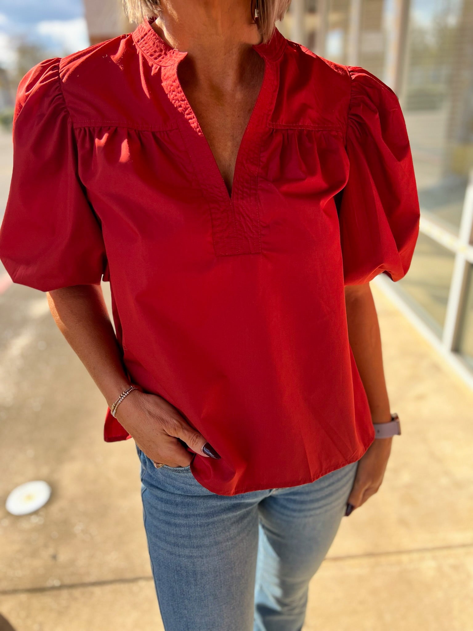 Brick Red V - Neck Elbow Length Bubble Sleeve Top - A'Bekah's Boutique