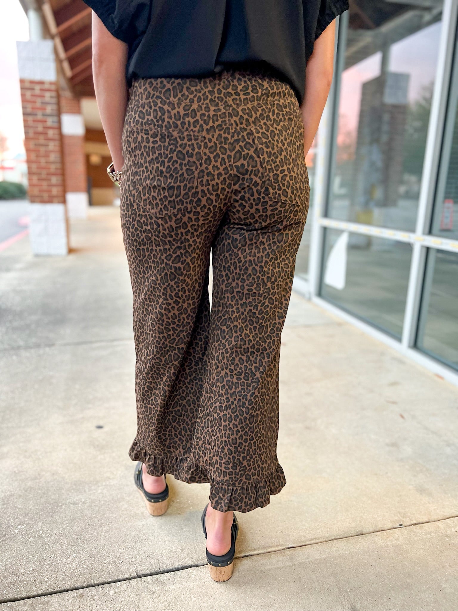 Brown Animal Print Wide Leg Pants with Ruffle Hem - A'Bekah's Boutique