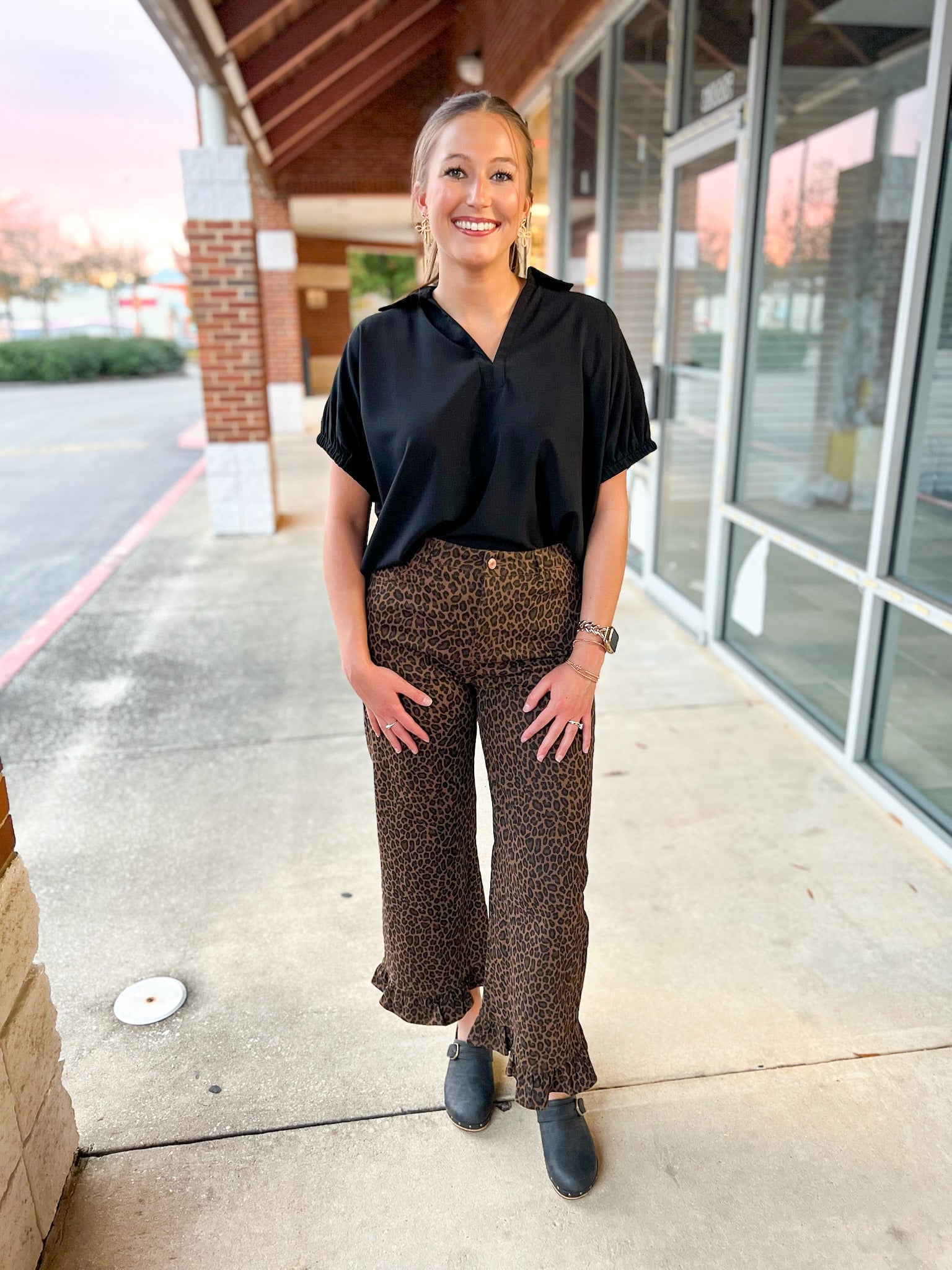 Brown Animal Print Wide Leg Pants with Ruffle Hem - A'Bekah's Boutique