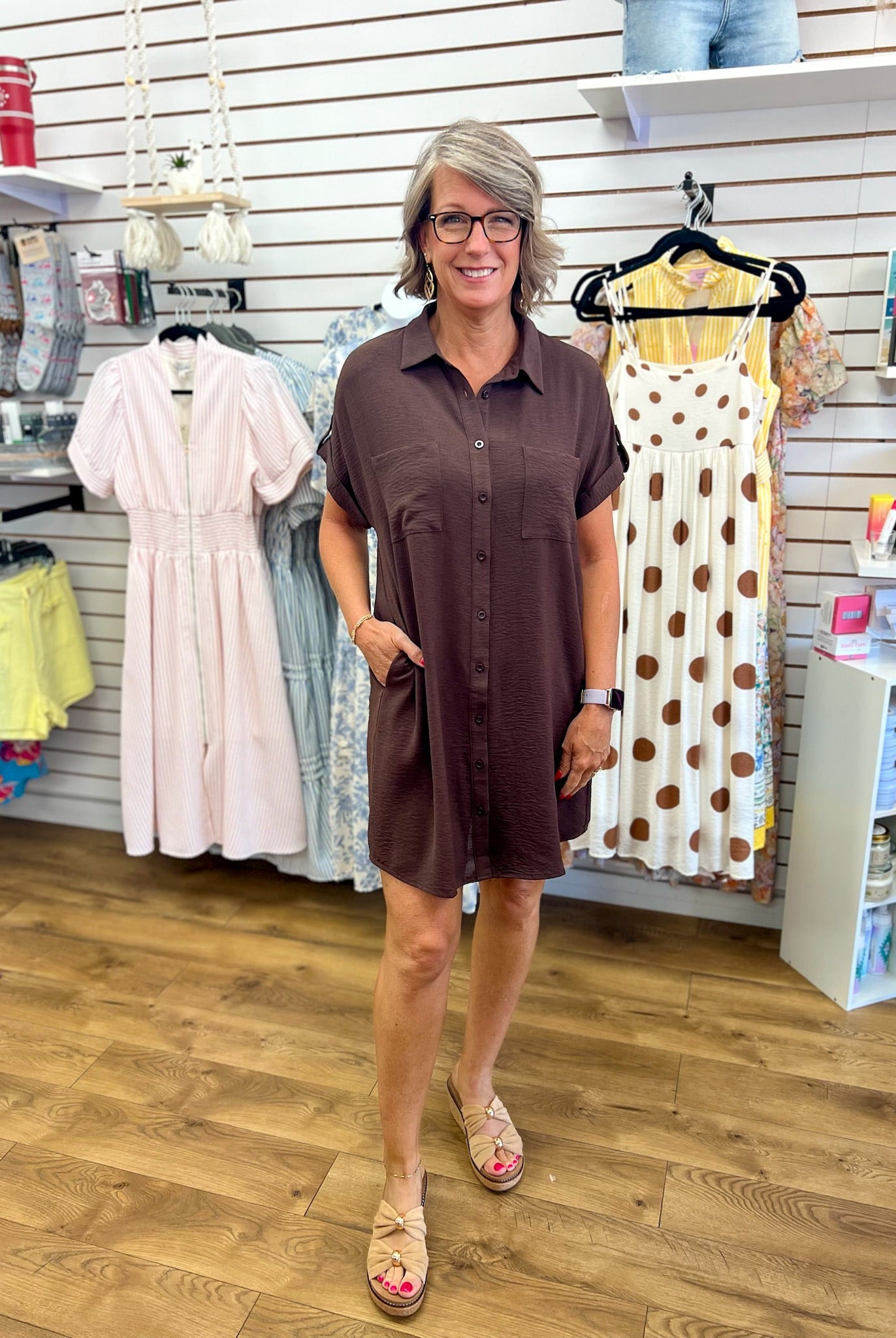 Brown Button Down Short Sleeve Shirt Dress - A'Bekah's Boutique