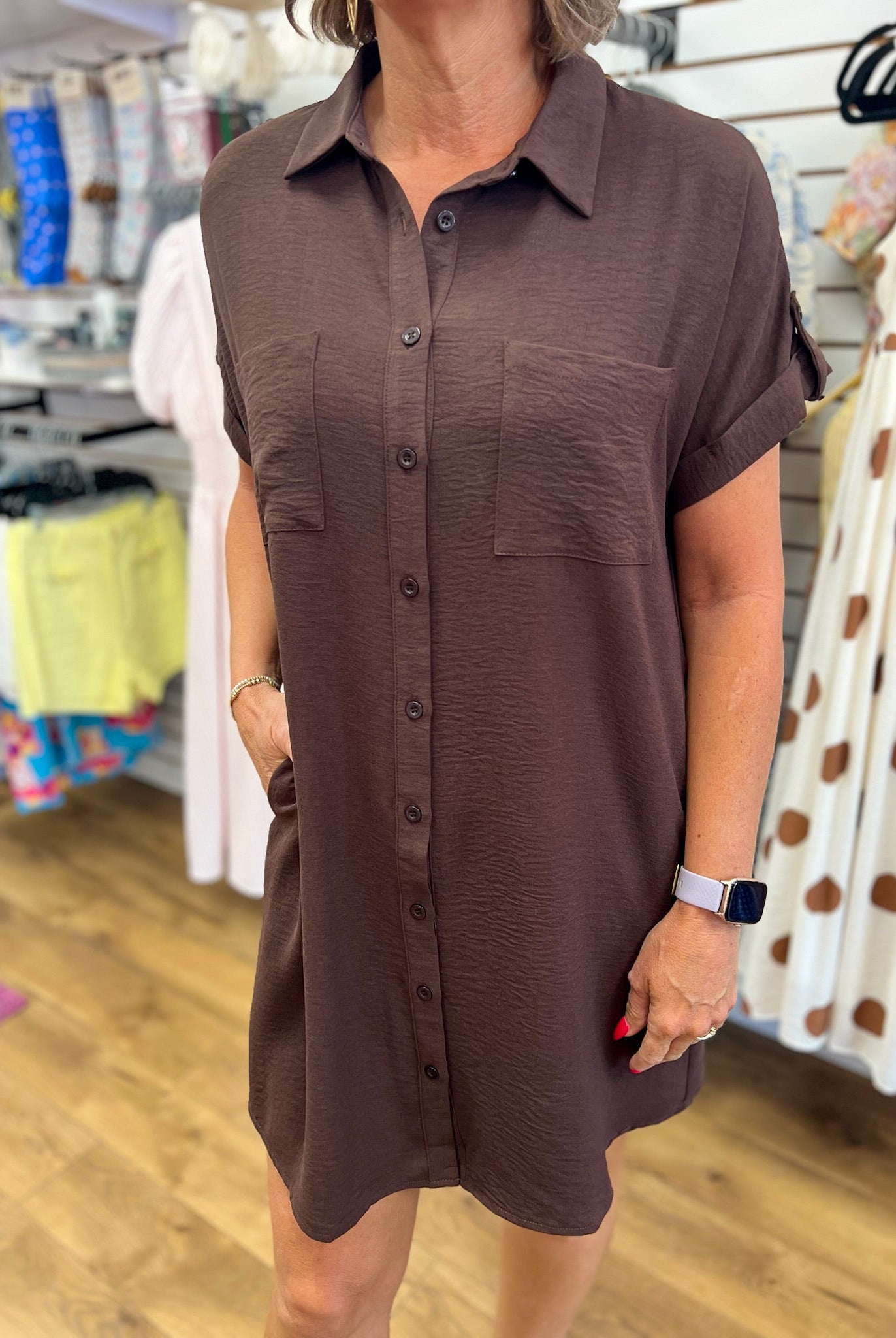 Brown Button Down Short Sleeve Shirt Dress - A'Bekah's Boutique