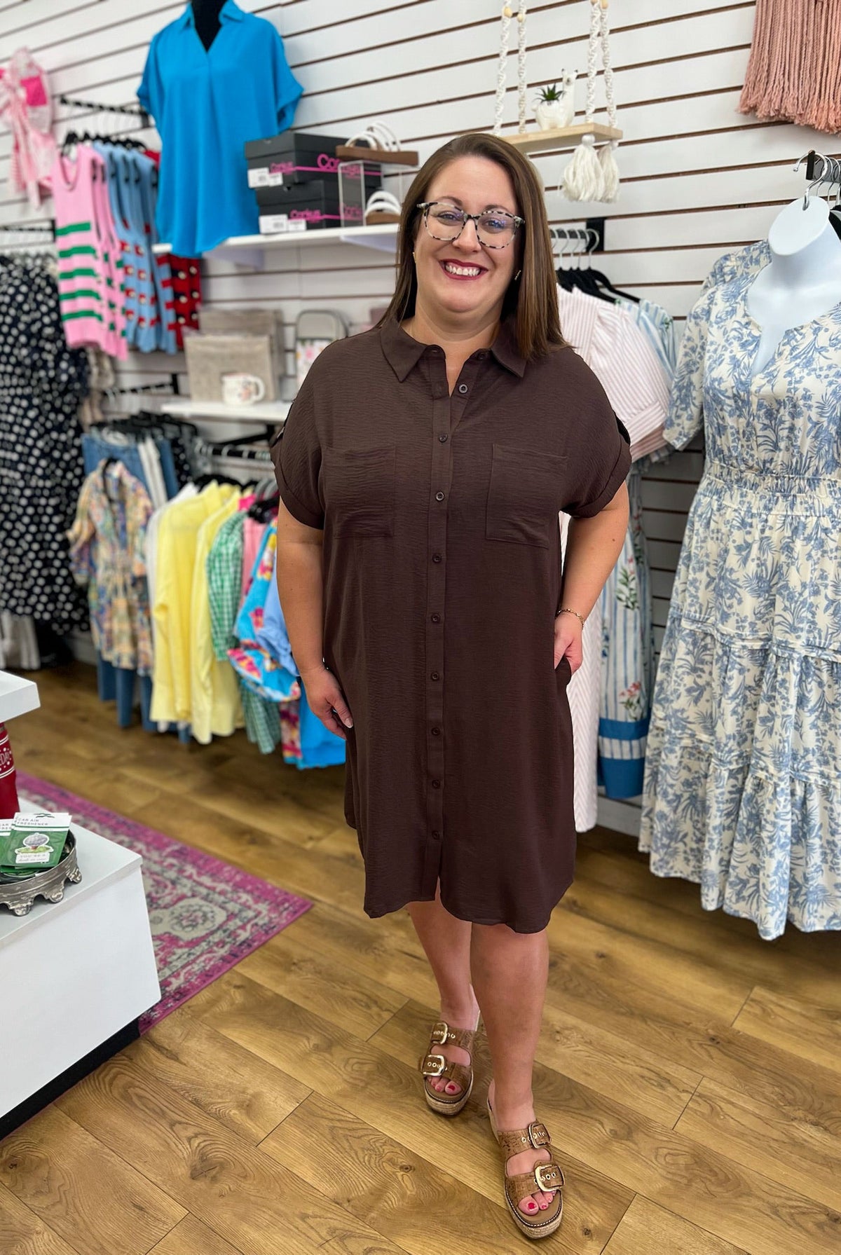 Brown Button Down Short Sleeve Shirt Dress - A'Bekah's Boutique