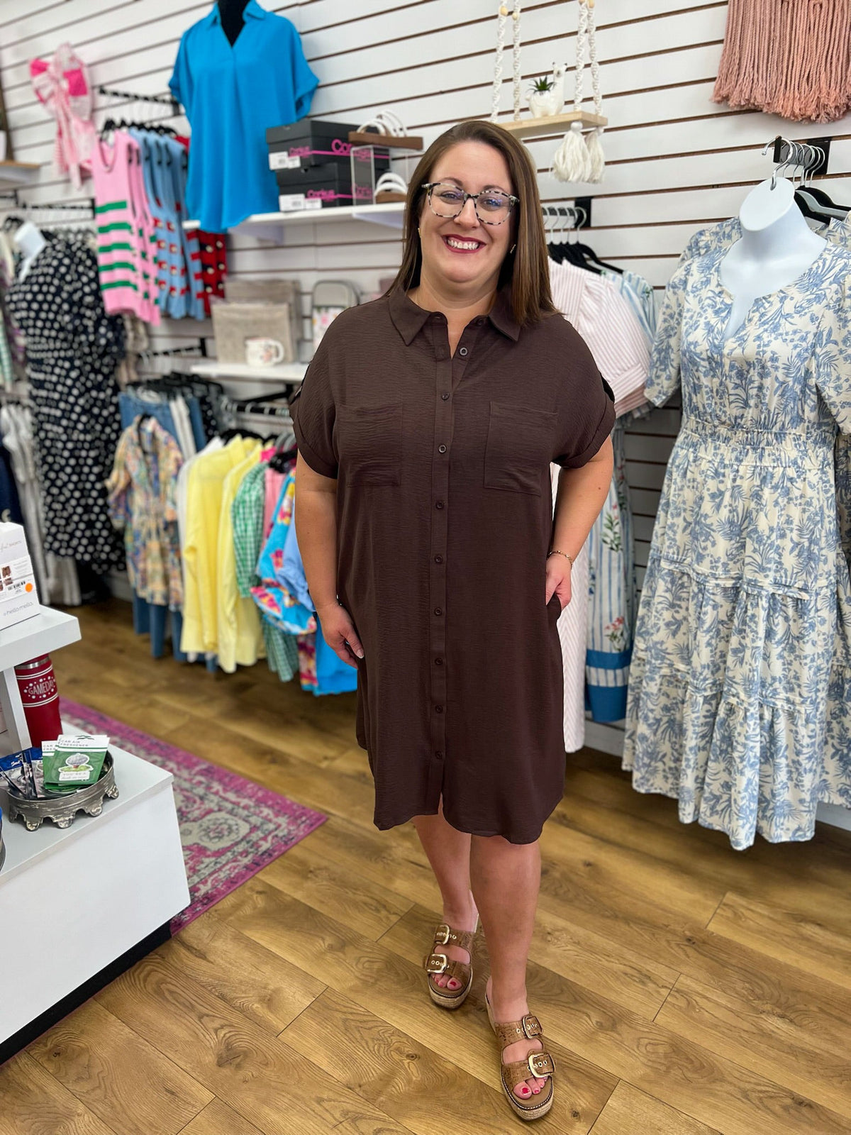 Brown Button Down Short Sleeve Shirt Dress - A'Bekah's Boutique