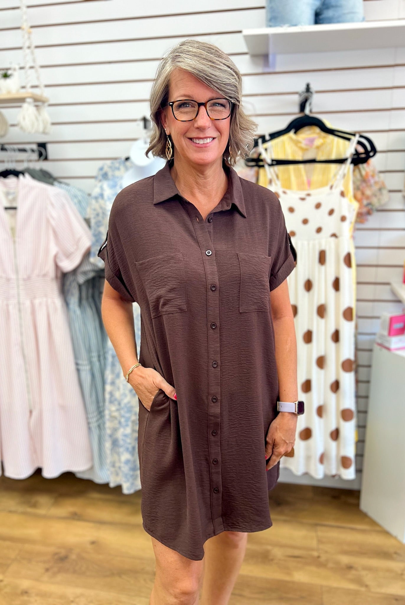 Brown Button Down Short Sleeve Shirt Dress - A'Bekah's Boutique